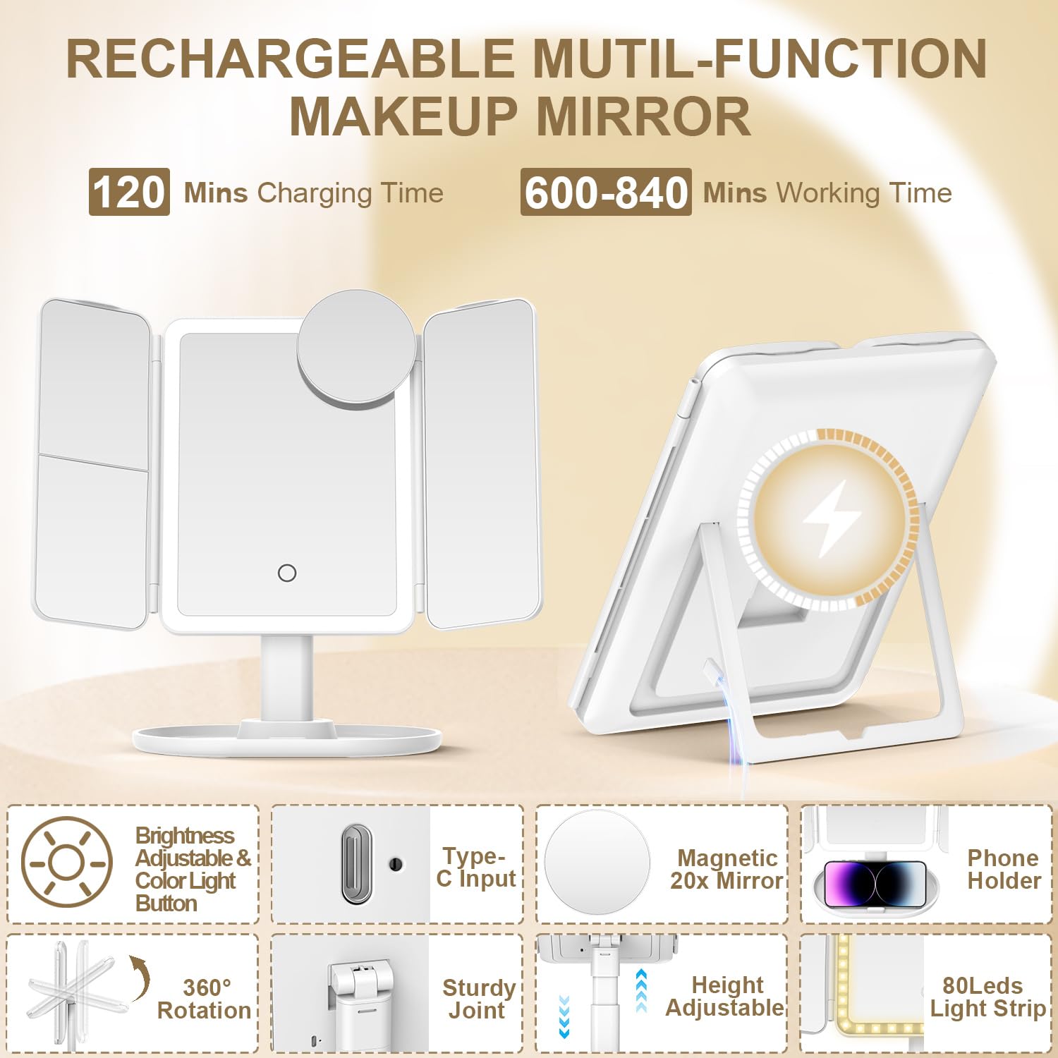 Mocado Makeup Mirror with Lights, 20X/7X/3X Magnifying Mirror with Light,Rechargeable & Height Adjustable Lighted Makeup Mirror,