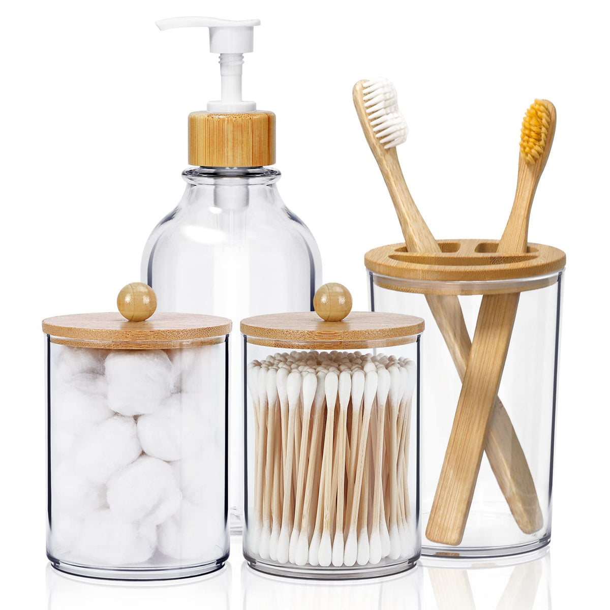 Sghuo 4Pcs Boho Bathroom Decor, Bamboo Bathroom Container Accessories Set, Soap Dispenser, Toothbrush Holder, 2 Qtip Holder Jars