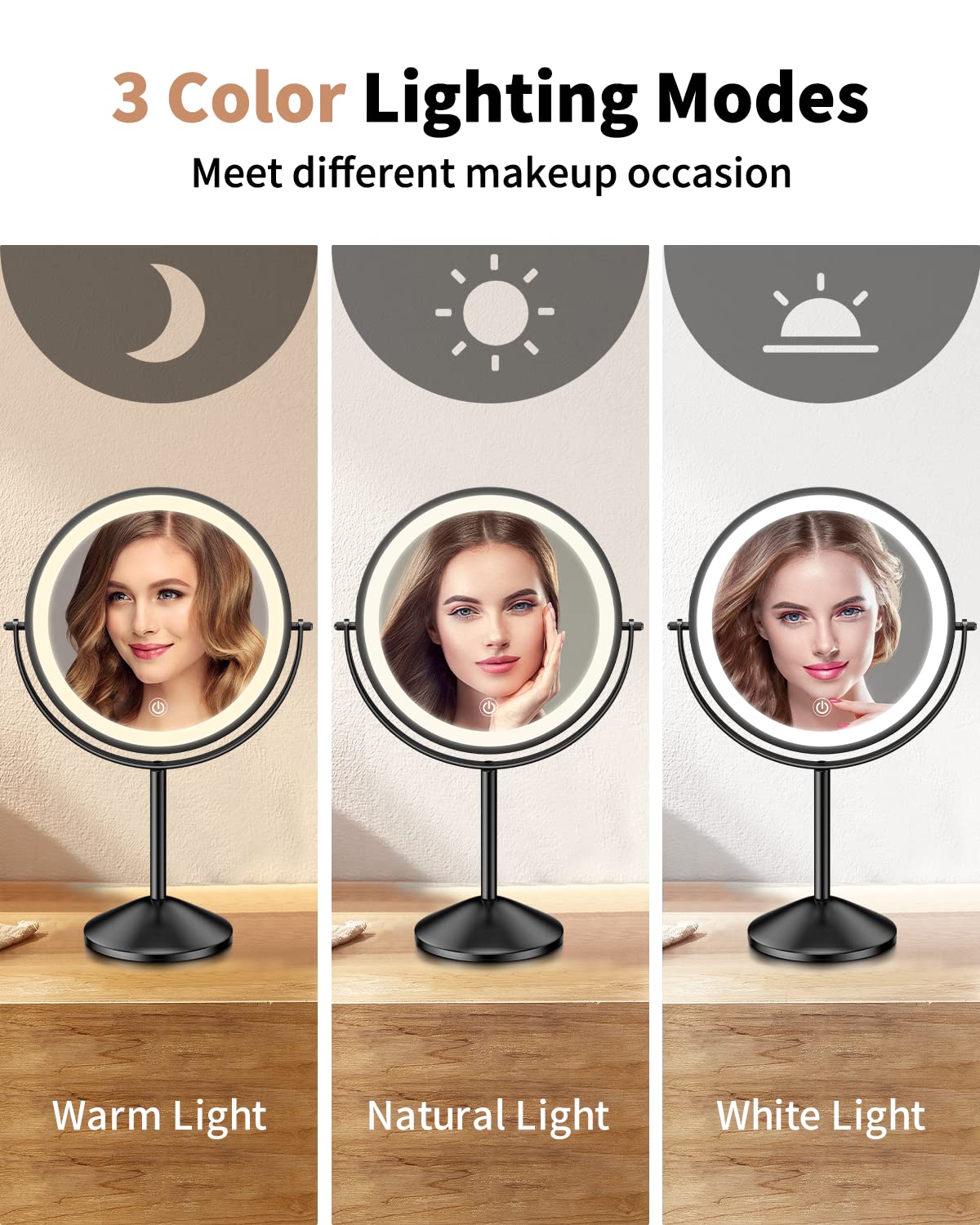 Gospire 8 Inch Lighted Makeup Mirror, 3 Color Lights & Stepless Dimming Led Vanity Mirror, 1X/10X Double Sided Magnifying Rechar