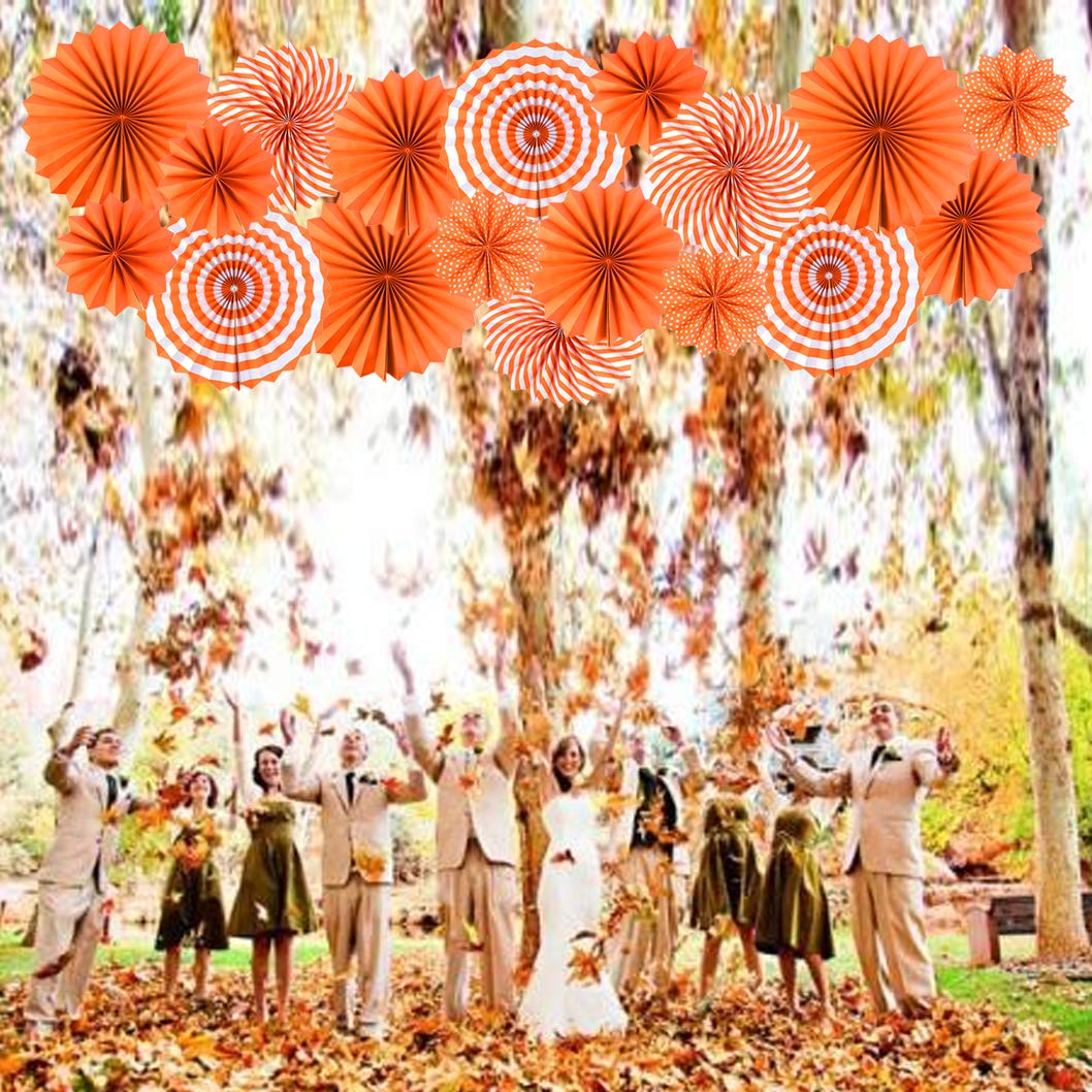 18Pc Party Hanging Orange Paper Fans, Fall Paper Fans Orange Round Folding Fans Wall Decor Paper Garlands Flower Decoration For
