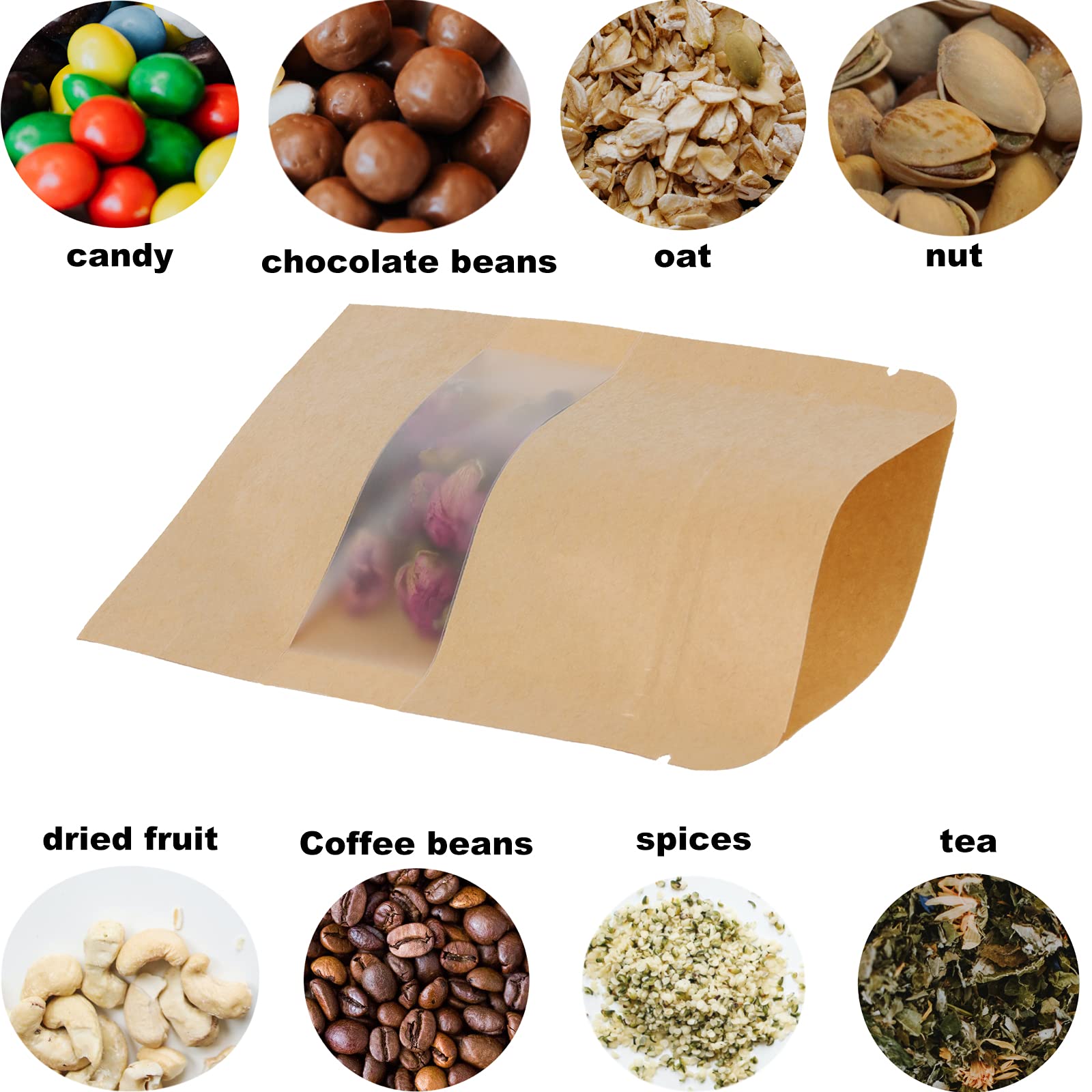 Sheutsan 500 Pack Kraft Bags With Window, 3.5 X 5.5 Inches Stand Up Storage Pouches Ziplock Sealing Packaging Paper Bag Resealab