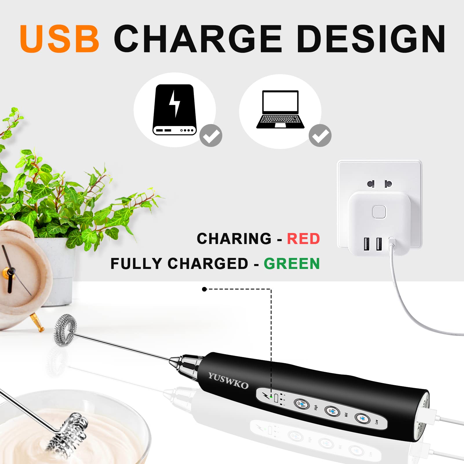 Yuswko Milk Frother Handheld With 3 Heads, Electric Whisk Drink Foam Mixer With Usb Rechargeable 3 Speeds, Mini Frother For Coff