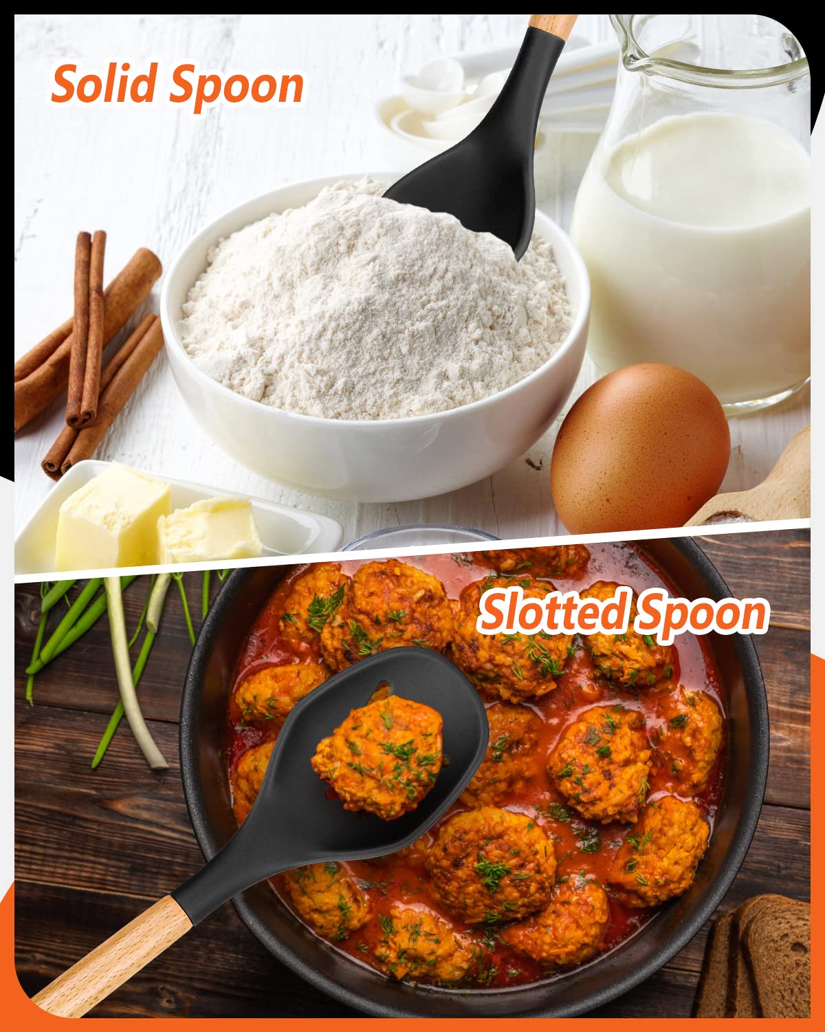 Large Silicone Cooking Spoons, 2 Pack Nonstick Solid And Slotted Wooden Handle Spoon Set, Heat Resistan Silicone Kitchen Spoons