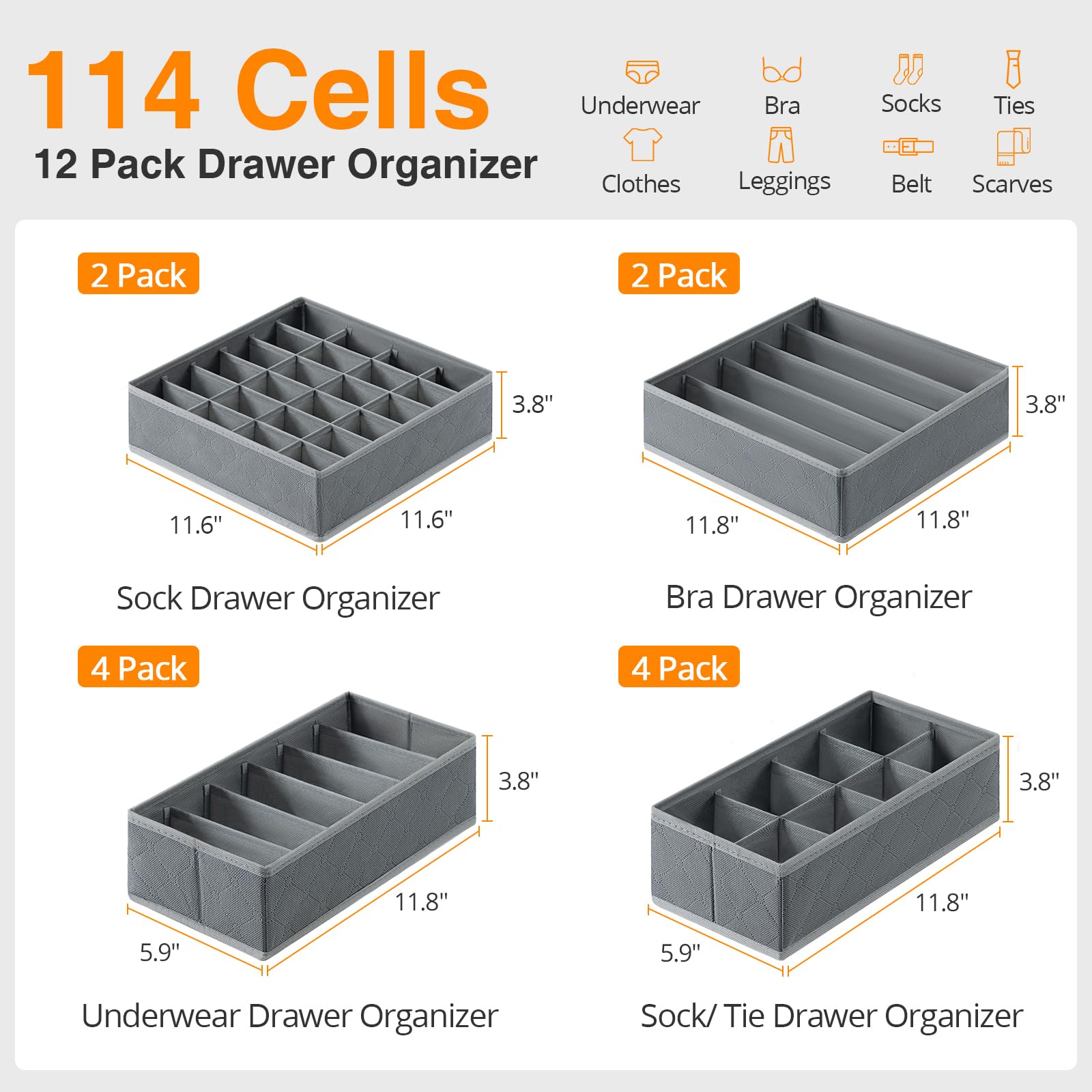 DIMJ 12 Pack Drawer Organizer for Clothes - Sock Bra Underwear Drawer Organizer, Foldable Fabric Drawer Organizer Bins, 114 Cell