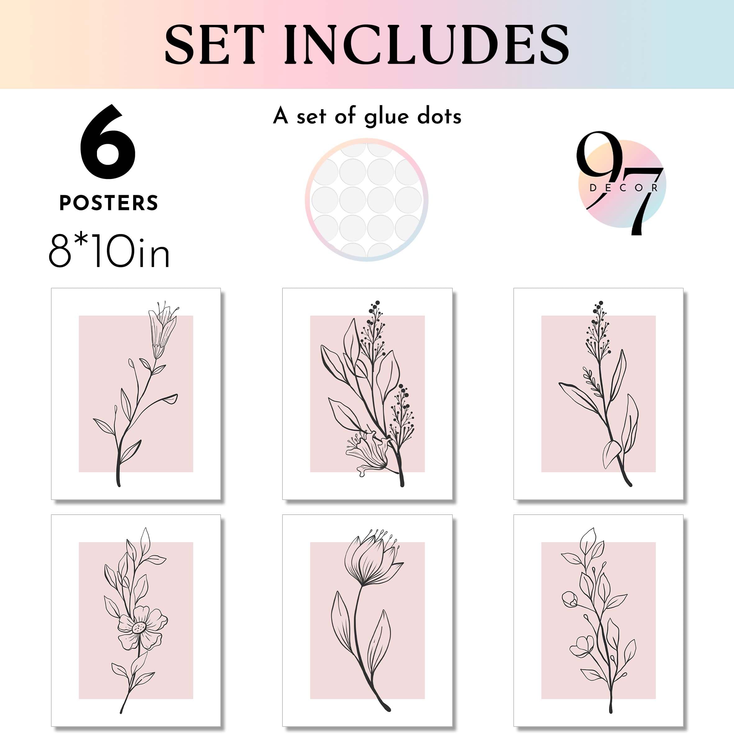 97 Decor Pink Botanical Wall Art - Pink Flower Wall Art Blush Floral Prints, Minimalist Plant Line Art Poster, Light Pink Flower