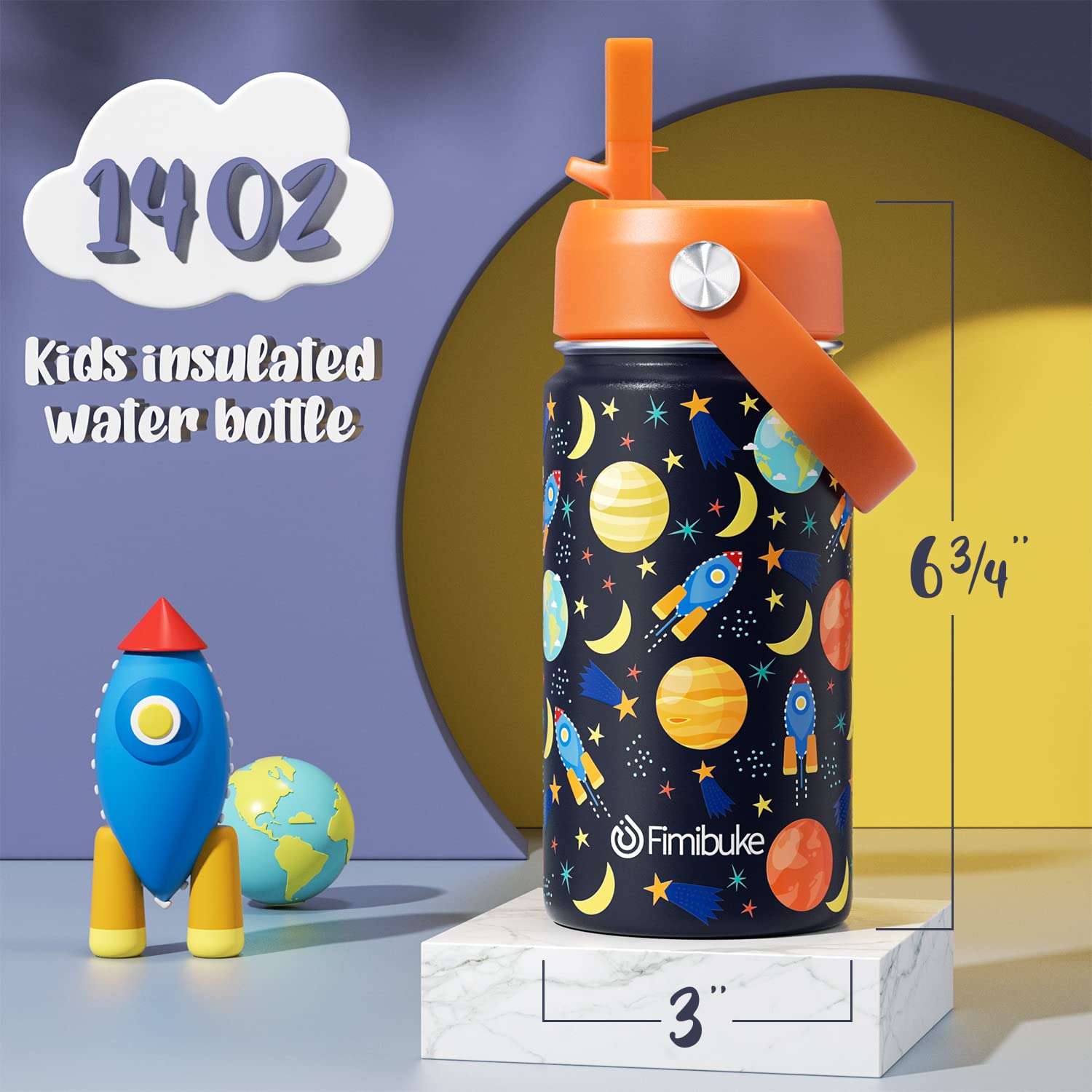 Fimibuke Kids Insulated Water Bottle, 14Oz Bpa Free 18/8 Stainless Steel Travel Tumbler Double Wall Vacuum Leak Proof Kids Cup W