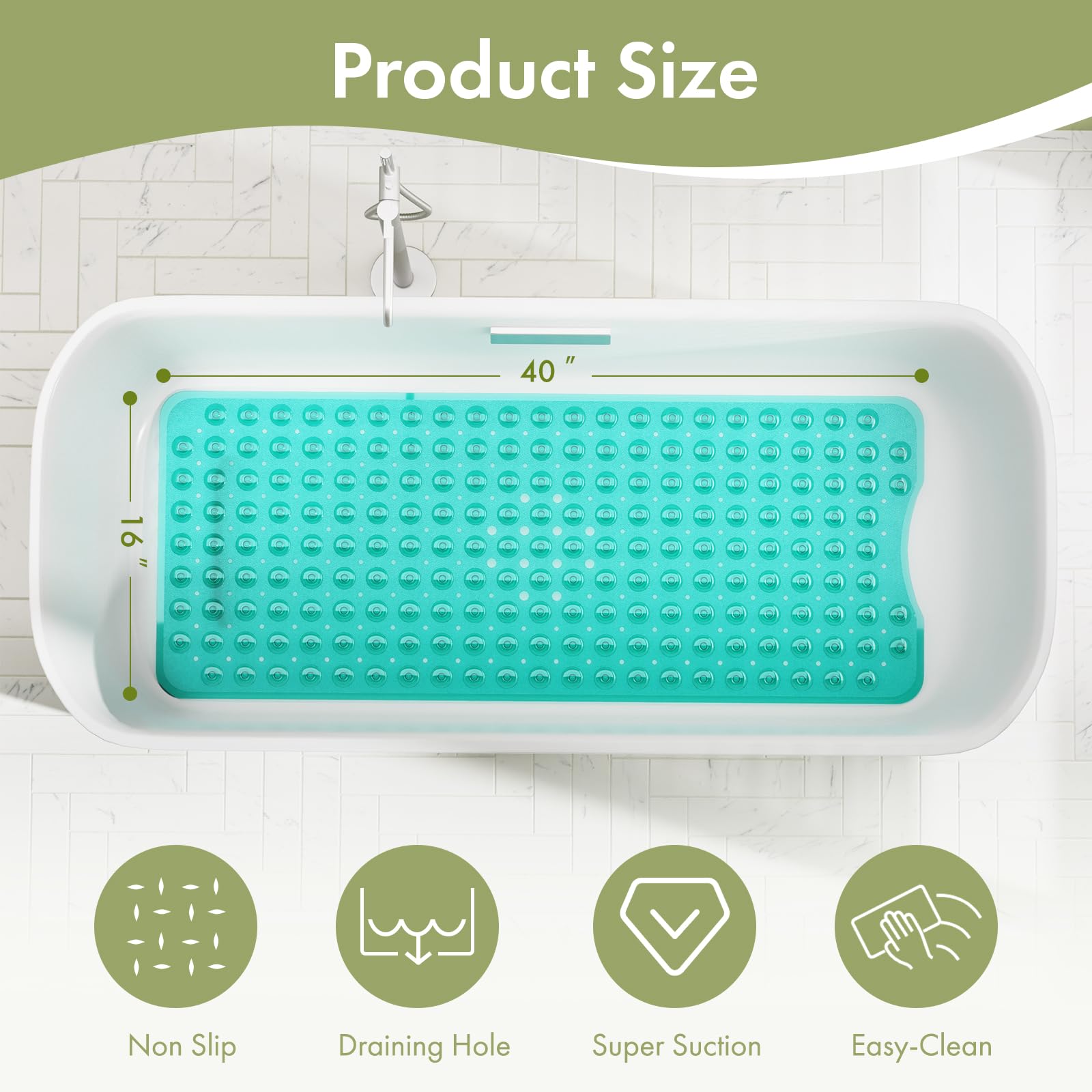 AmazerBath Bath Tub MatNon Slip  40 x 16 Inches Non-Slip Shower Mats with Suction Cups and Drain Holes  Bathtub Mats Bathroom Mats Machine Washable  Clear Green