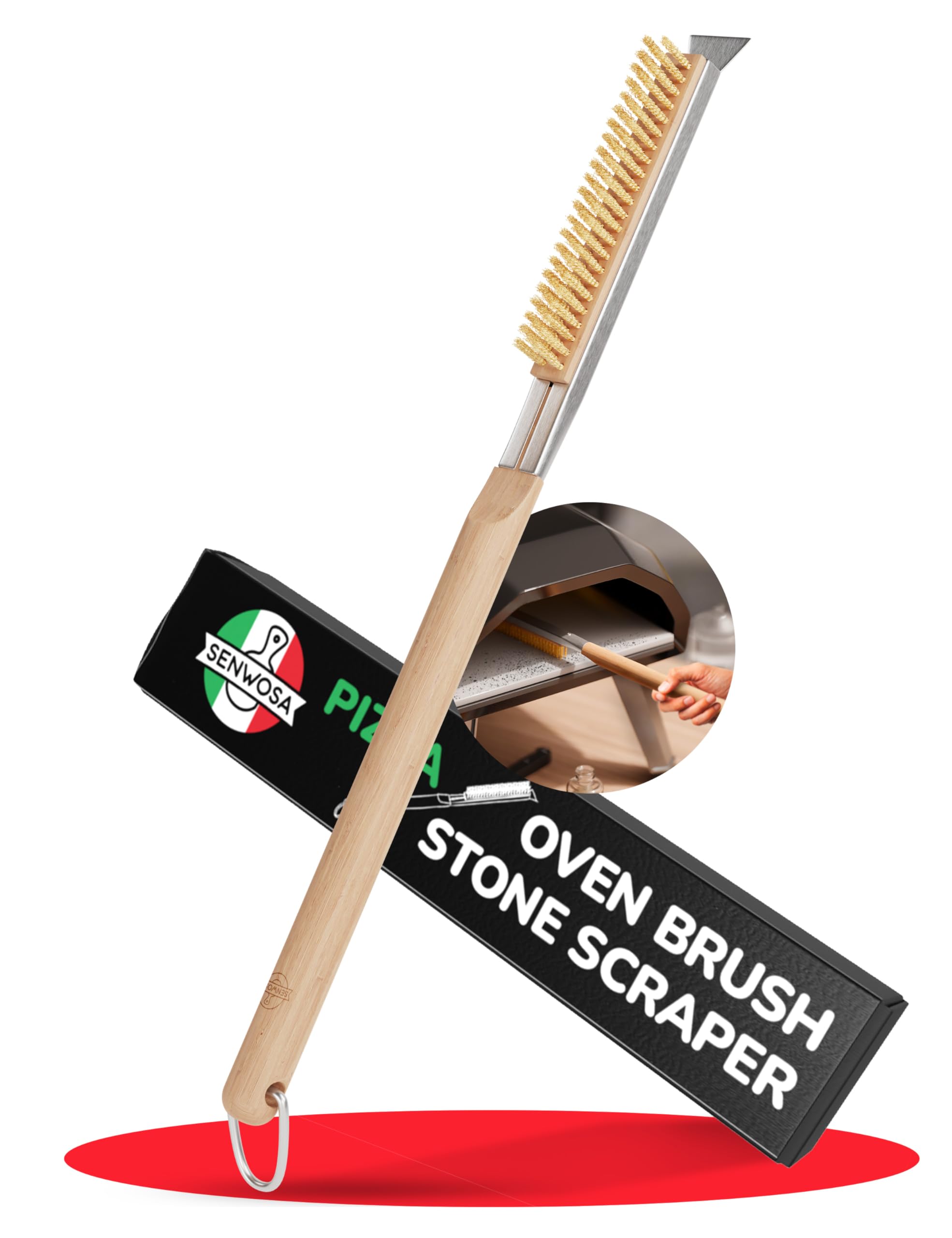 Senwosa 22    Pizza Oven Brush with Stone Scraper - Heat Resistant Stainless Steel Bristles, Extra Long Handle - Universal Fit f