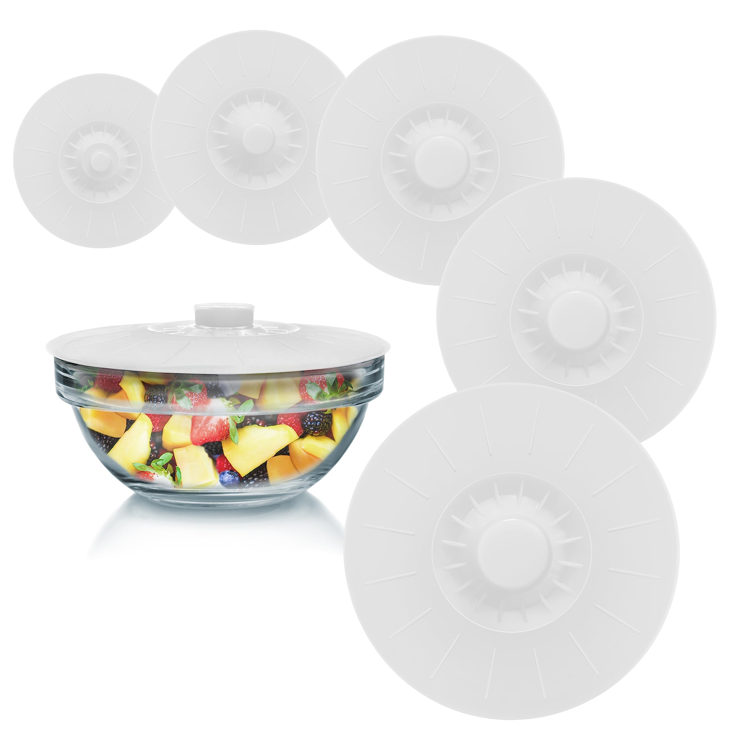 Silicone Bowl Lids White, Set of 5 Reusable Suction Seal Covers for Bowls, Pots, Cups. Food Safe. Natural grip, interlocking han