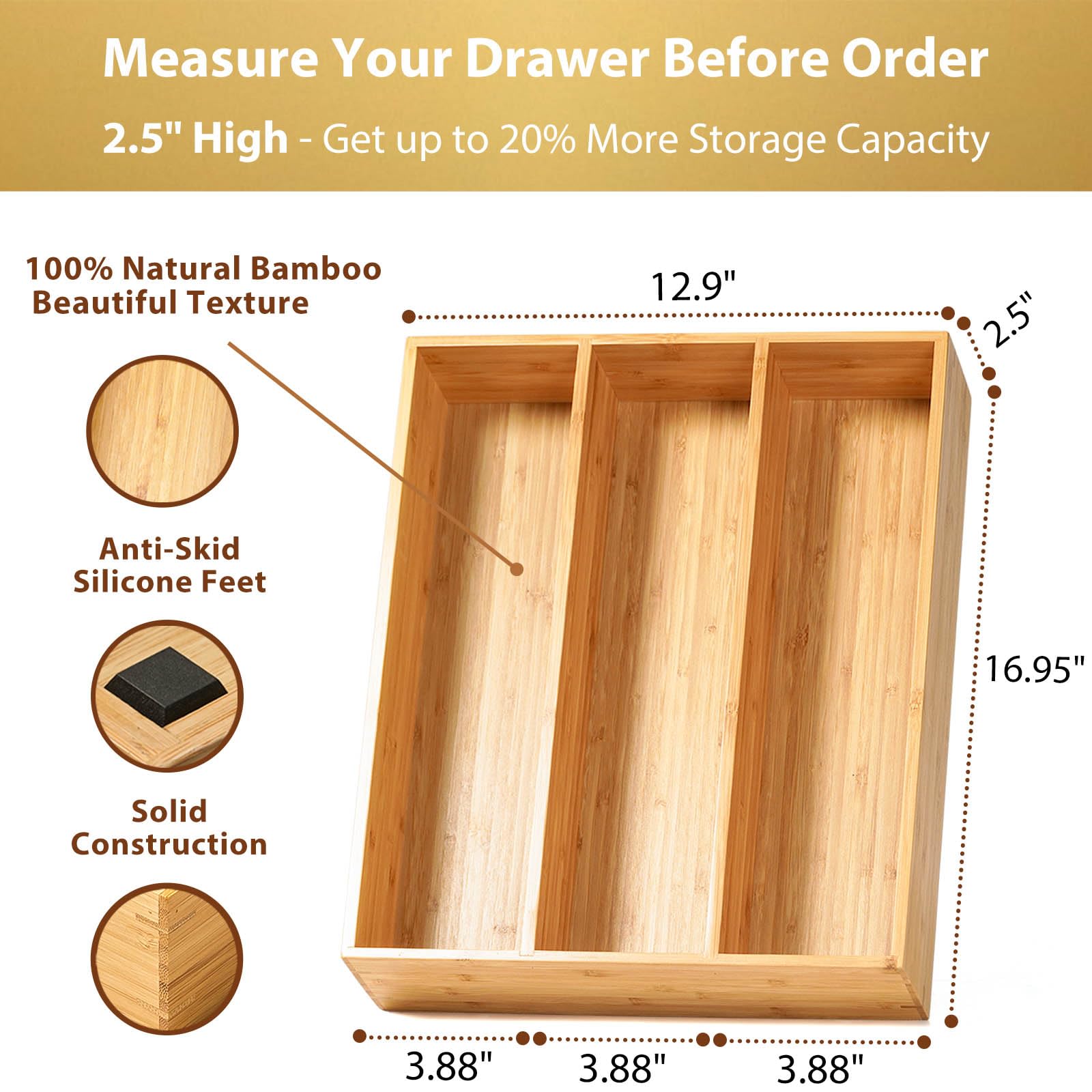 Umilife Bamboo Kitchen Utensils Organizer, 13 Inch Drawer Dividers For Silverware, Extra Deep Holder, With Non-Slip Feet, Wood C