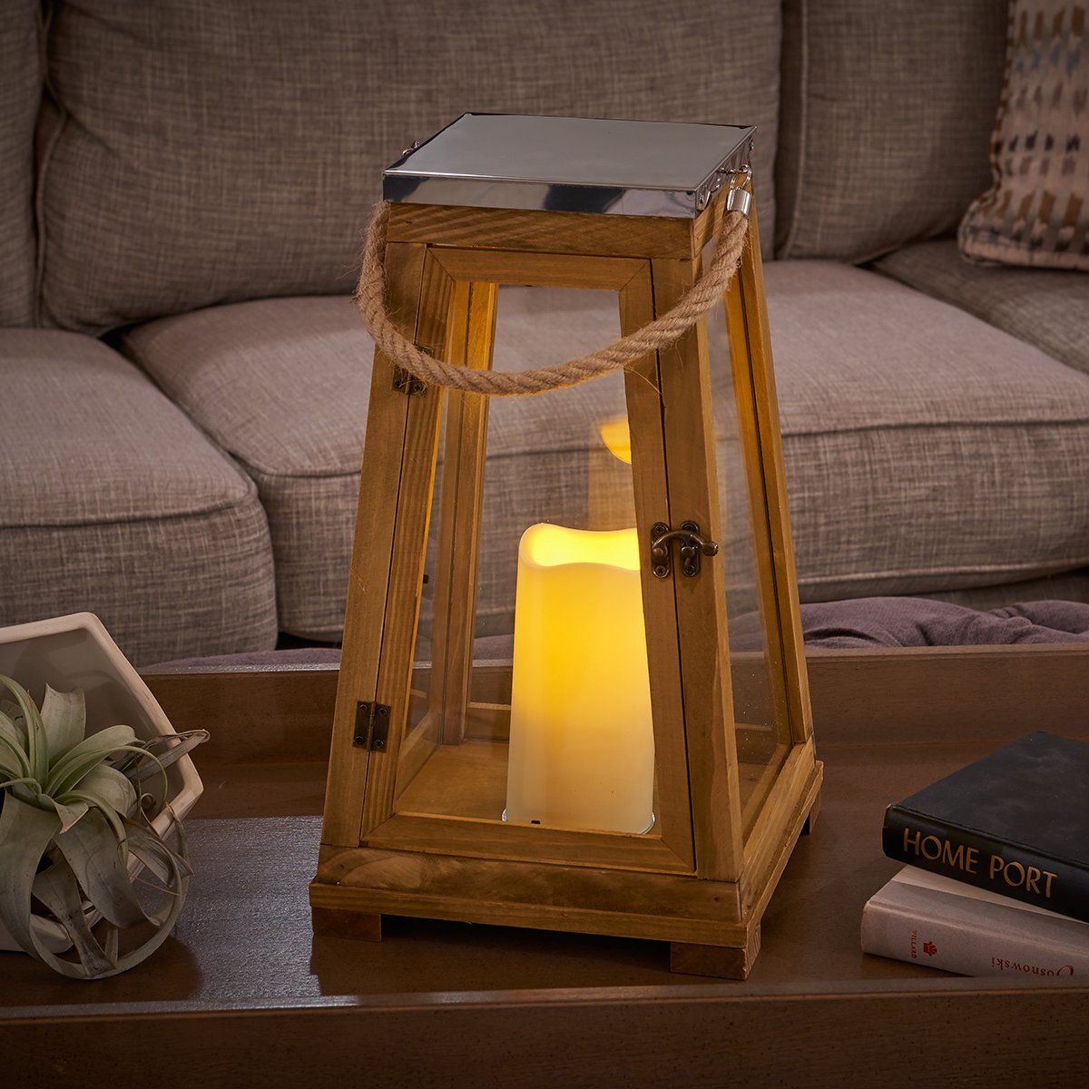 Smart Design 84044-LC Newport LED Candle Lantern, Wooden Lantern With Glass Panels And Rope, Includes Candle Powered By One Ambe