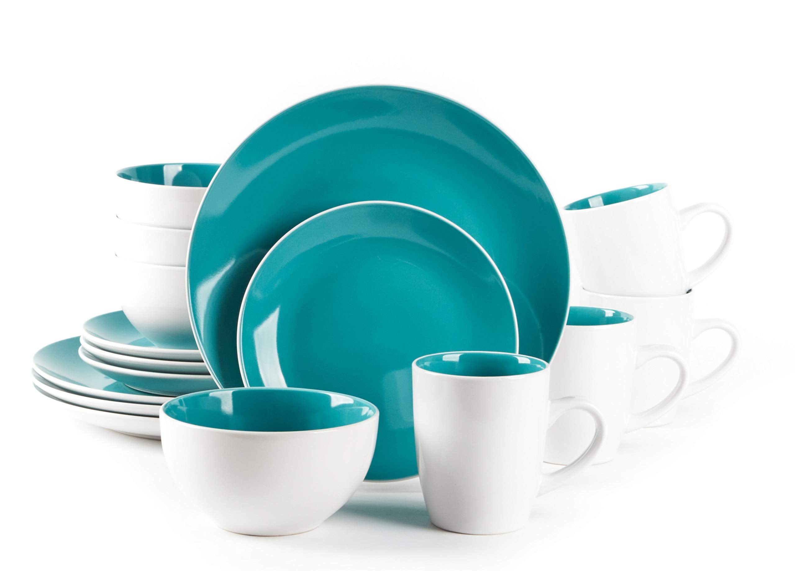 HomeVss, Stoneware Coupe Shape 16pc Dinnerware Set, Outside White + Inside Turquoise