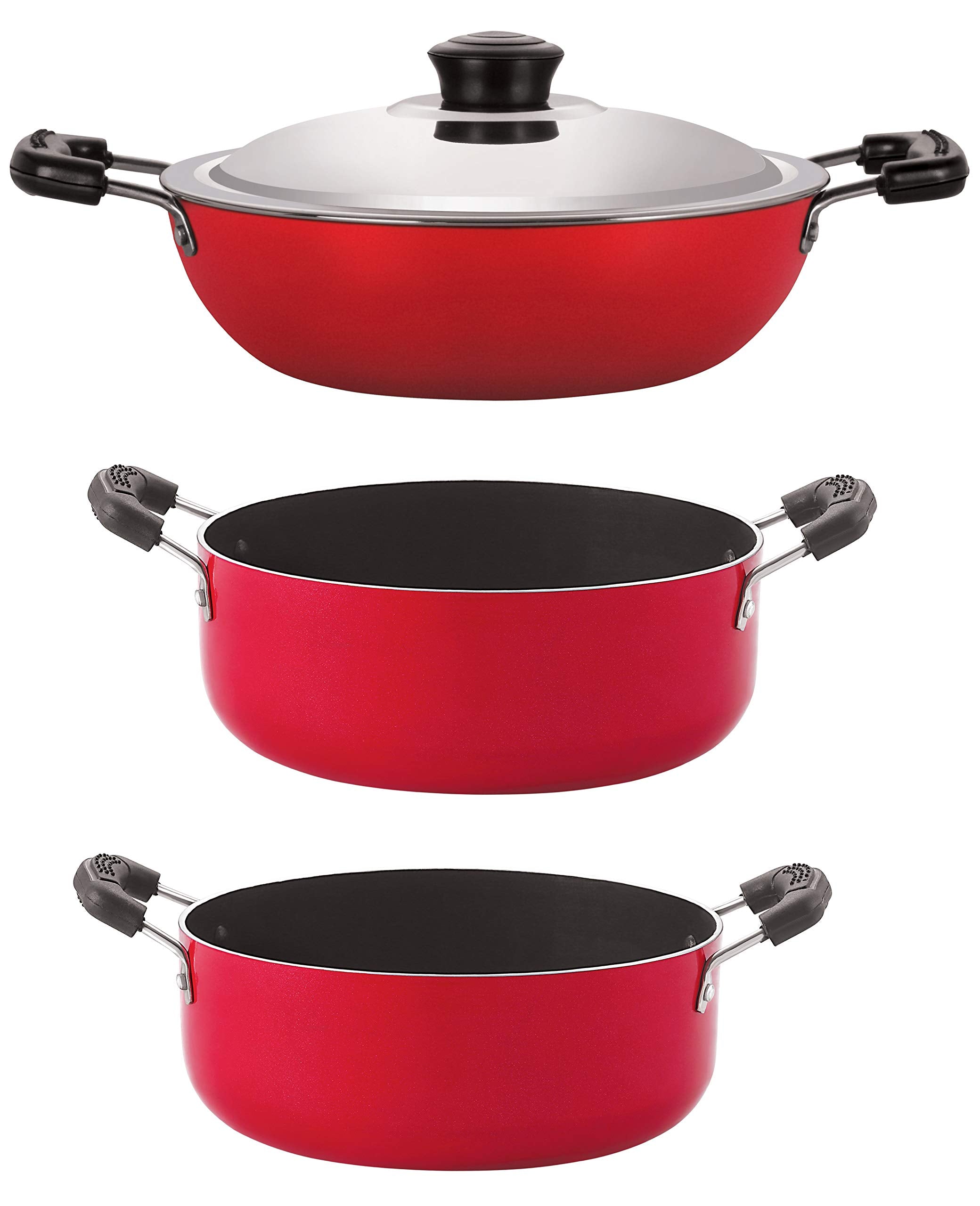 Nirlon NonStick Aluminum Cookware Set, 3Piece, Red And Black (2.6Mm_Dkd(J)_Cs20_Cs22)