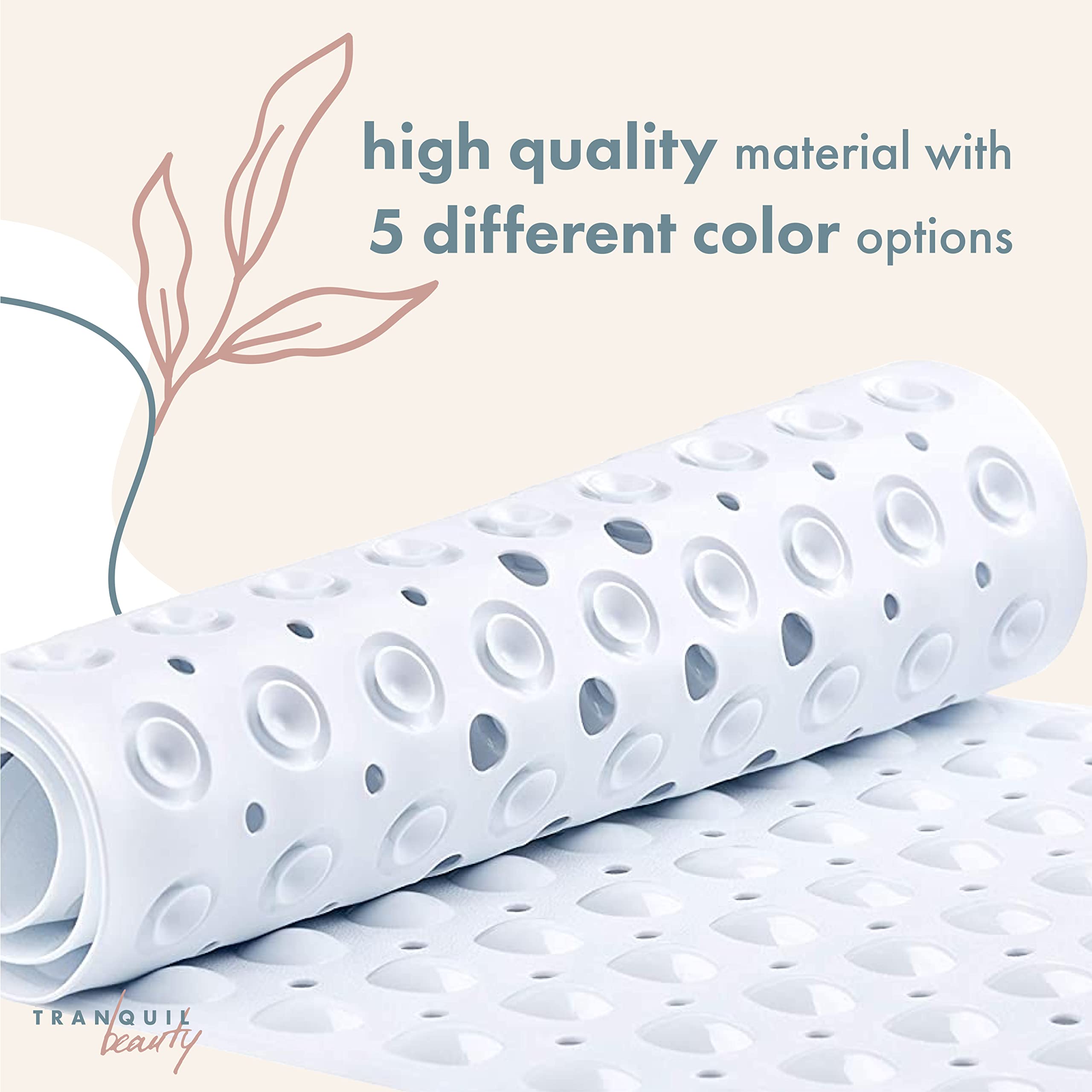 TranquilBeauty Non-Slip Bath Mat - Extra Long 40x16in, White, Machine-Washable, Suction Cups, Ideal for Elderly & Children, Model BM1W