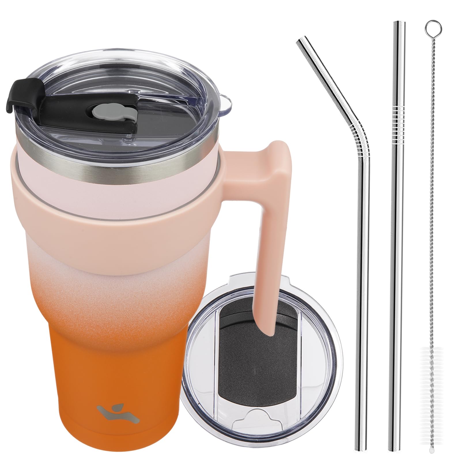 Konokyo 40 oz Tumbler with Handle and 2 Straw 2 Lid, Insulated Water Bottle Stainless Steel Vacuum Cup Reusable Travel Mug,Coral