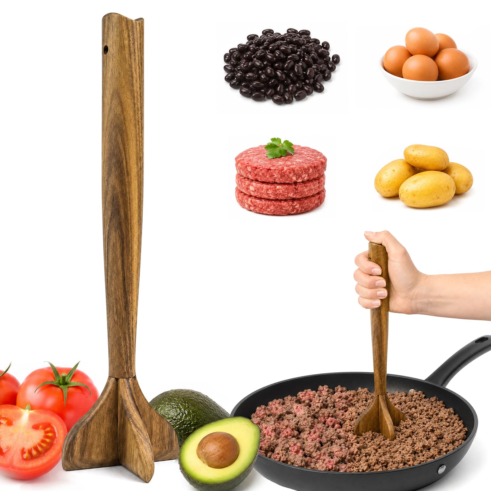 Wooden Meat Masher, Acacia Wood Meat Chopper for Ground Beef, 11 Inch Hamburger Smasher Tool, Manual Burger Potato Masher Kitche