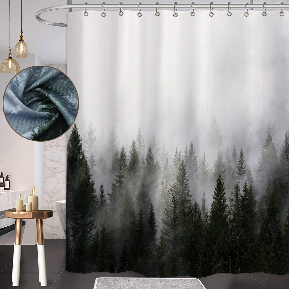 Ortigia Black Misty Forest Heavyweight Shower Curtain Set,Nature Shower Curtain With Hooks,Fantasy Fog Tree Shower Curtain For B