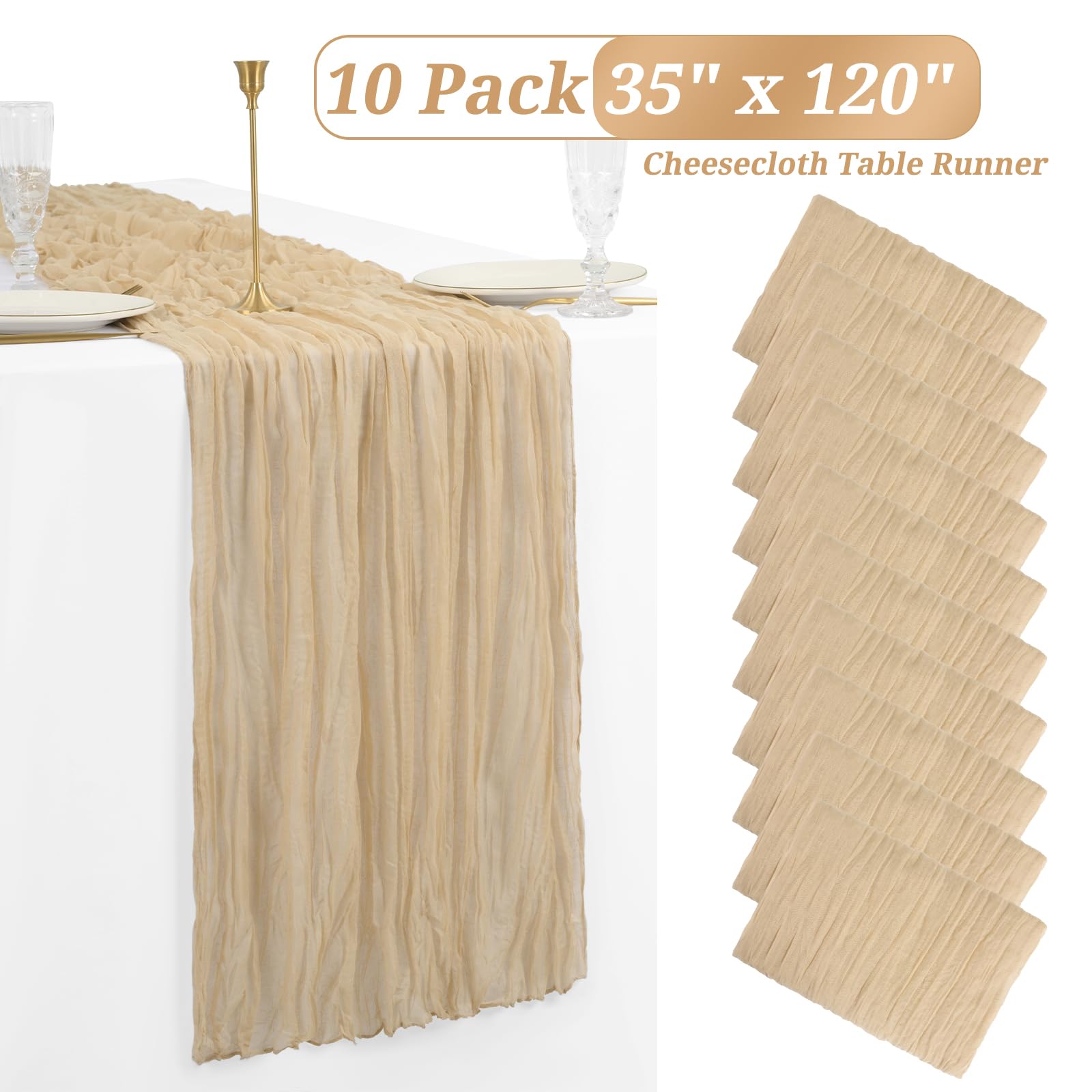 10 Pack Beige Cheesecloth Table Runner Gauze Table Runner 10Ft Long Semi-Sheer Table Runner Boho Or Rustic Wedding Table Decor F