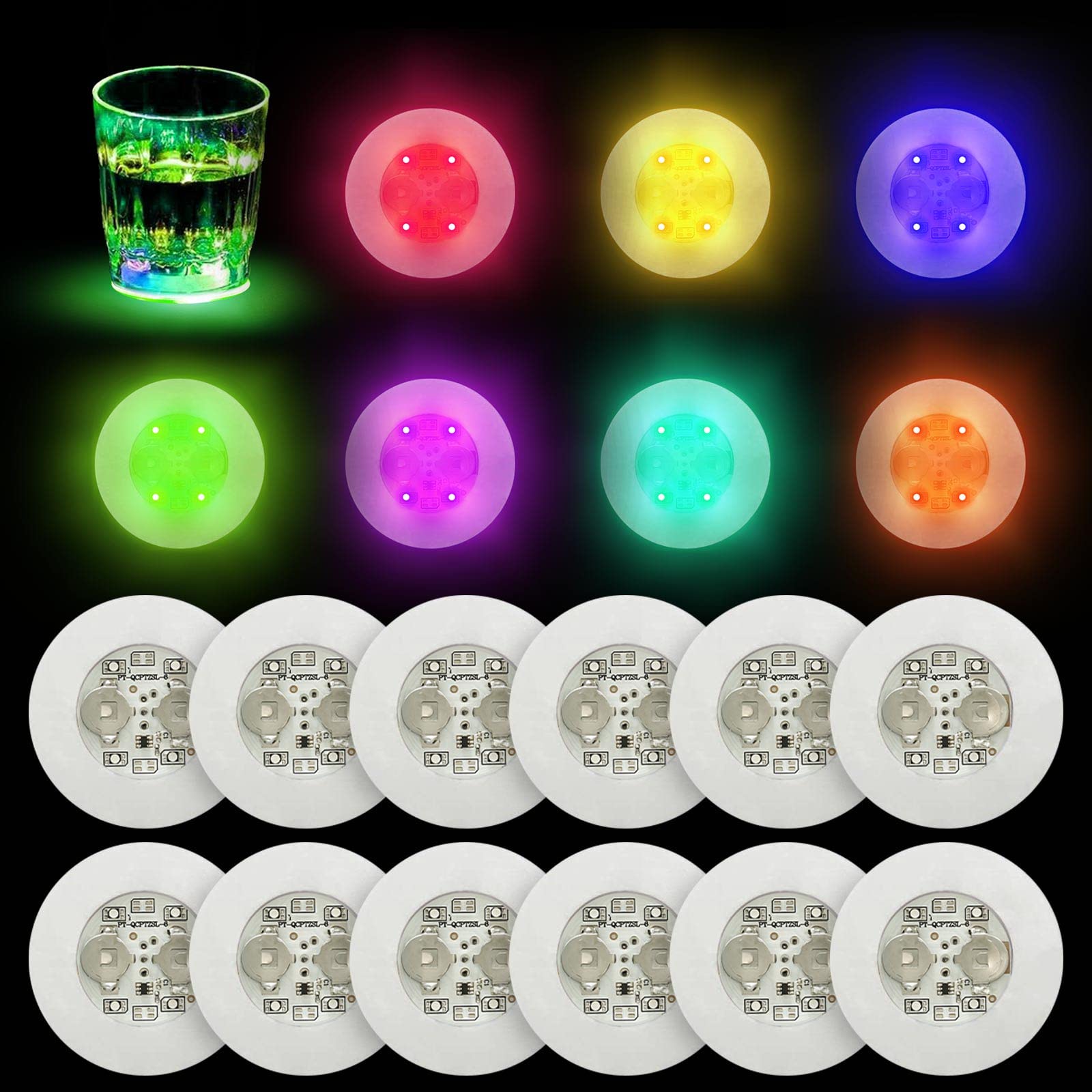 Loguide Led Coaster,12 Pack Light Up Coasters,7Colors Rgb Led Bottle Lights,Bottle Glorifier, Led Sticker Coaster Discs Light Up