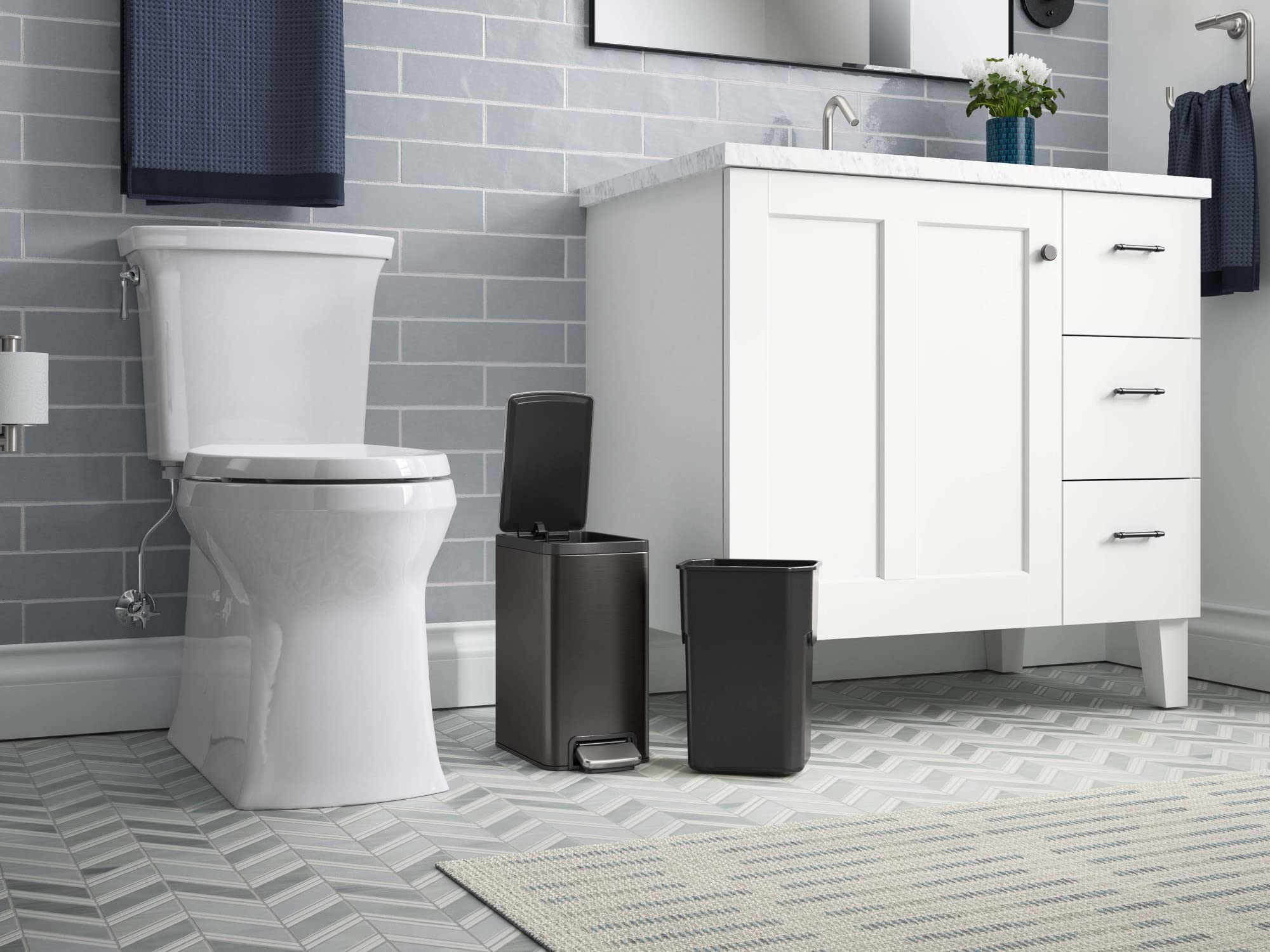 KOHLER 31319-BST Bathroom Trash Can, 1.6 Gallon, Black Stainless Steel, Quiet-Close Foot Pedal, Compact Design