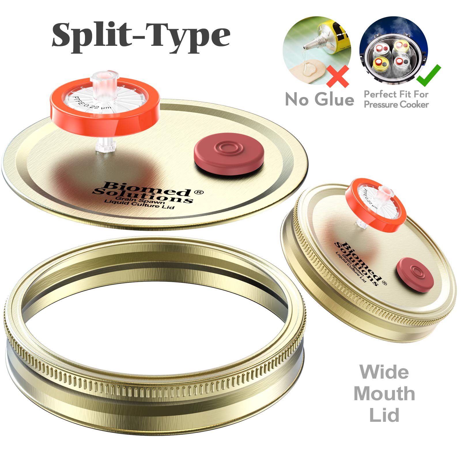 6Pcs Wide Mouth Liquid Culture Lid,Split-Type Grain Spawn Cultivation Mason Jar Lid With 0.22Um Ptfe Syringe Filter & 20Mm Self