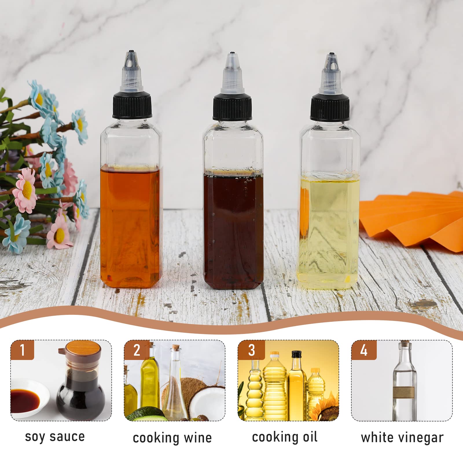 Sliverdew 4 Pcs Oil Squeeze Bottles 3.4 Oz Empty Bottles With Twist Top Cap Plastic Liquid Condiment Container Leak-Proof Dispen