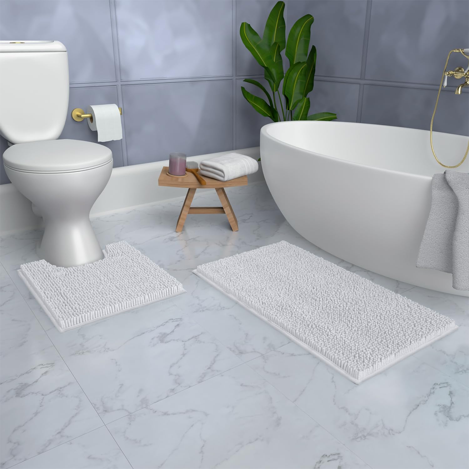 White Bathroom Rugs Sets 2 Piece, Luxury Chenille Bath Mat Set, Soft Plush Anti-Slip Bath Rug + U-Shaped Toilet Mat. Super Absor