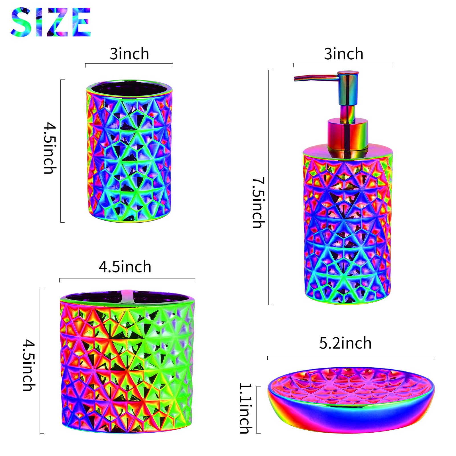 Rxlvcky Colorful Bathroom Accessories Set 4 Pcs, Lotion Soap Dispenser, Soap Dish, Toothbrush Holder, Tumbler, Countertop Vanity