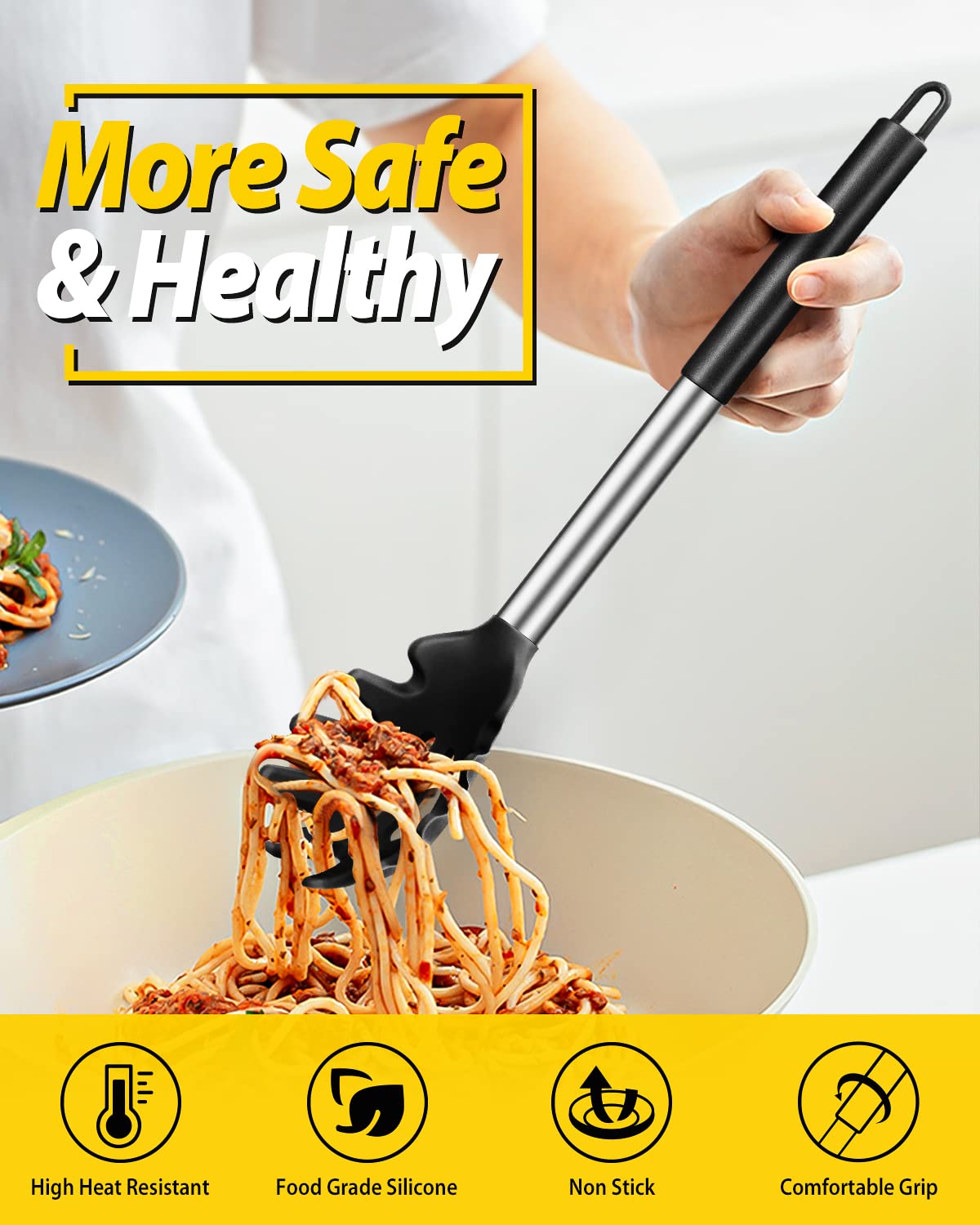 Silicone Pasta Fork And Ladle Spoon Set, Large Non Stick Kitchen Utensils For Cooking,Stirring,Serving Spaghetti, Soup, Sauce (B
