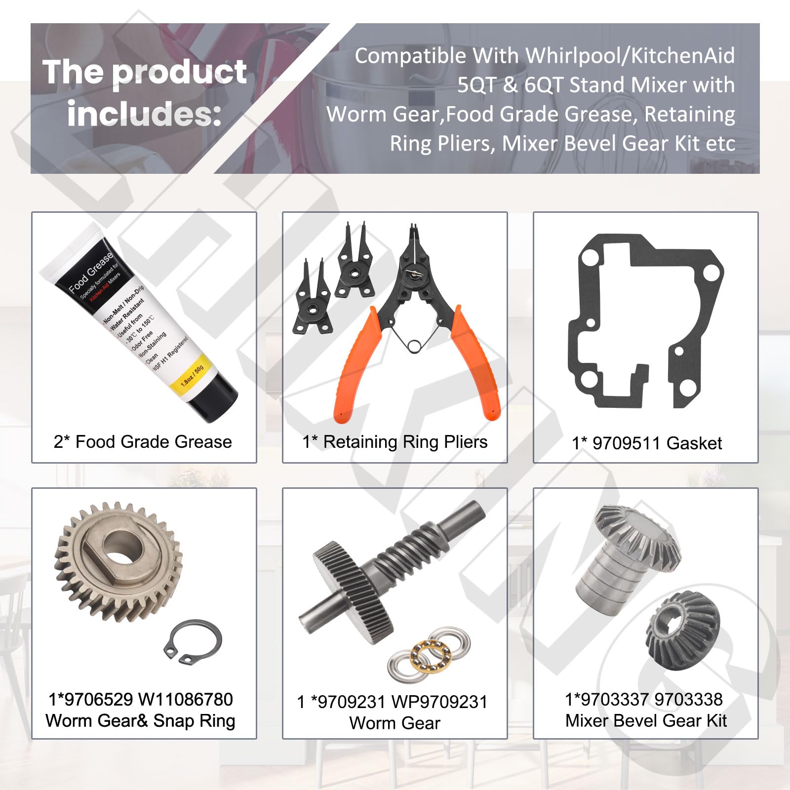 Worm Gear Kit 9706529, 9709511, 9703337, 9709231 Compatible With Whirlpool/Kitchenaid 5Qt & 6Qt Stand Mixer With Worm Gear, Food