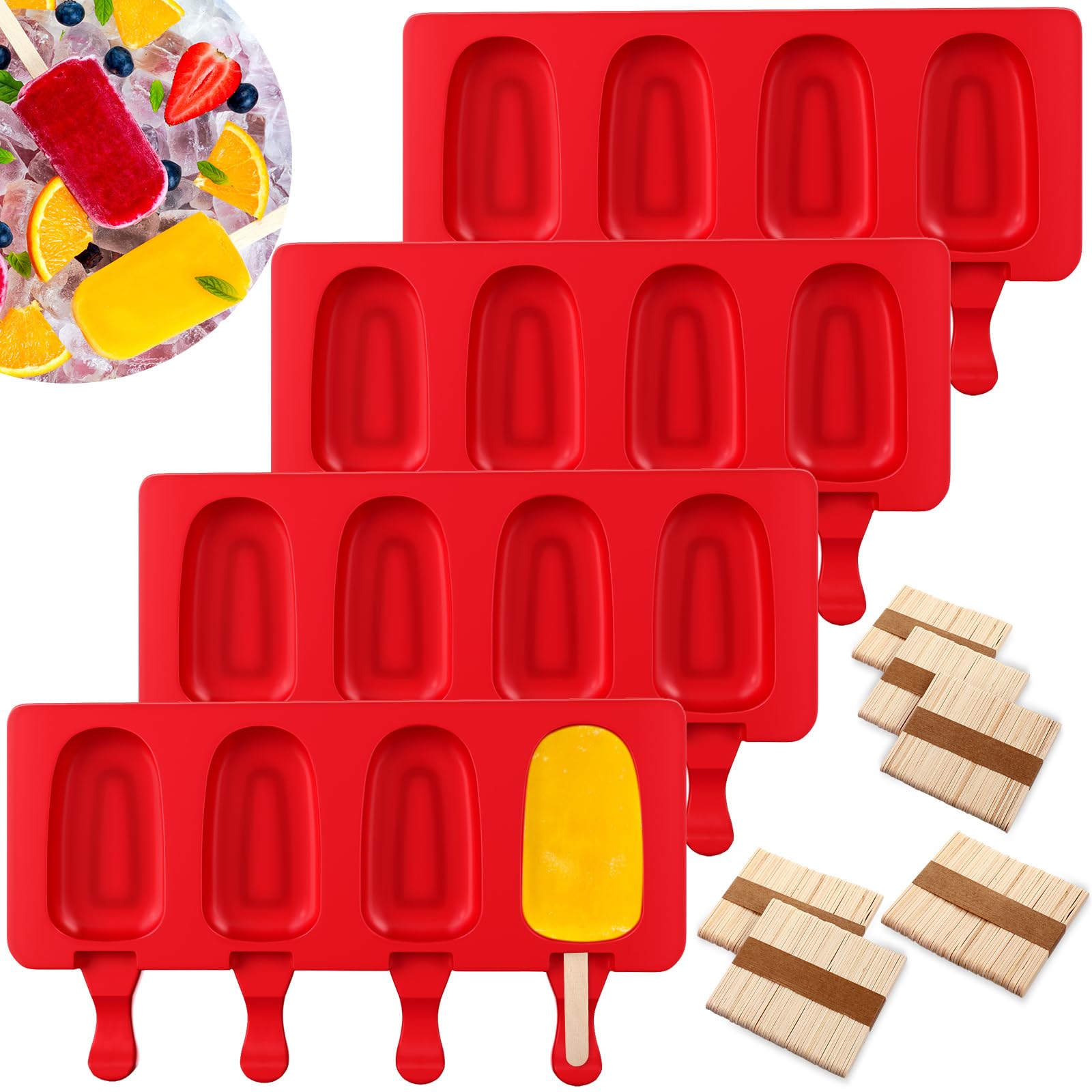 Outus 4 Pieces Ice Cream Mould Silicone Ice Lolly Mold 4cavity Cake Pop Moulds Baking Molds with Sticks for Treats (Red)