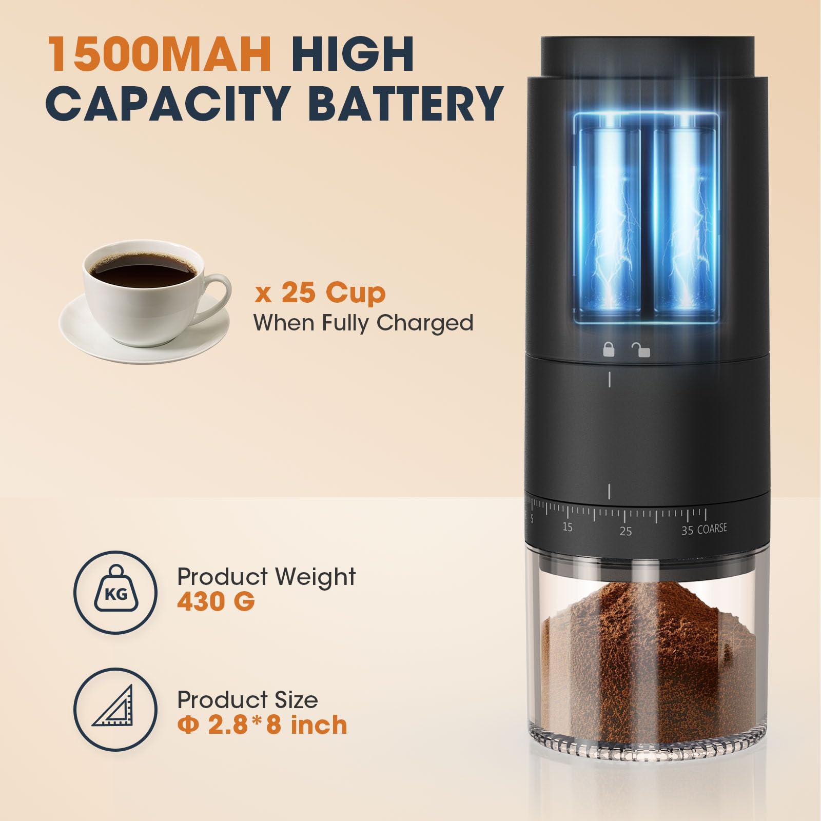Portable Battery Powered Burr Coffee Grinder With 38 Adjustable Settings, Rechargeable Coffee Bean Grinder With Led Display, Cor