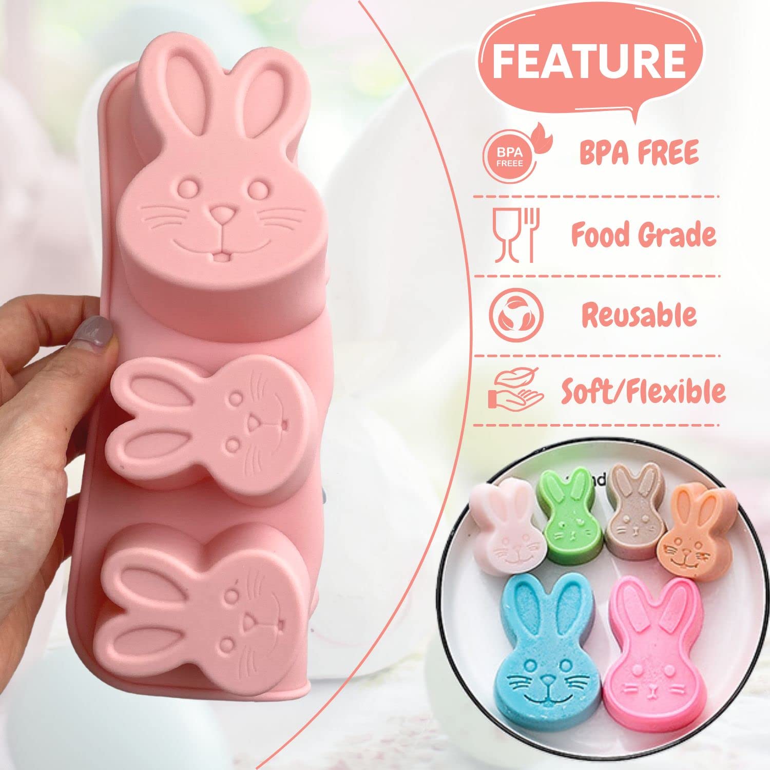 Crethinkaty 1 Pieces Rabbit Silicone Chocolate Moulds 6 Cavity Bunny Head Shapes Easter Molds For Diy Chocolate,Candy,Jelly