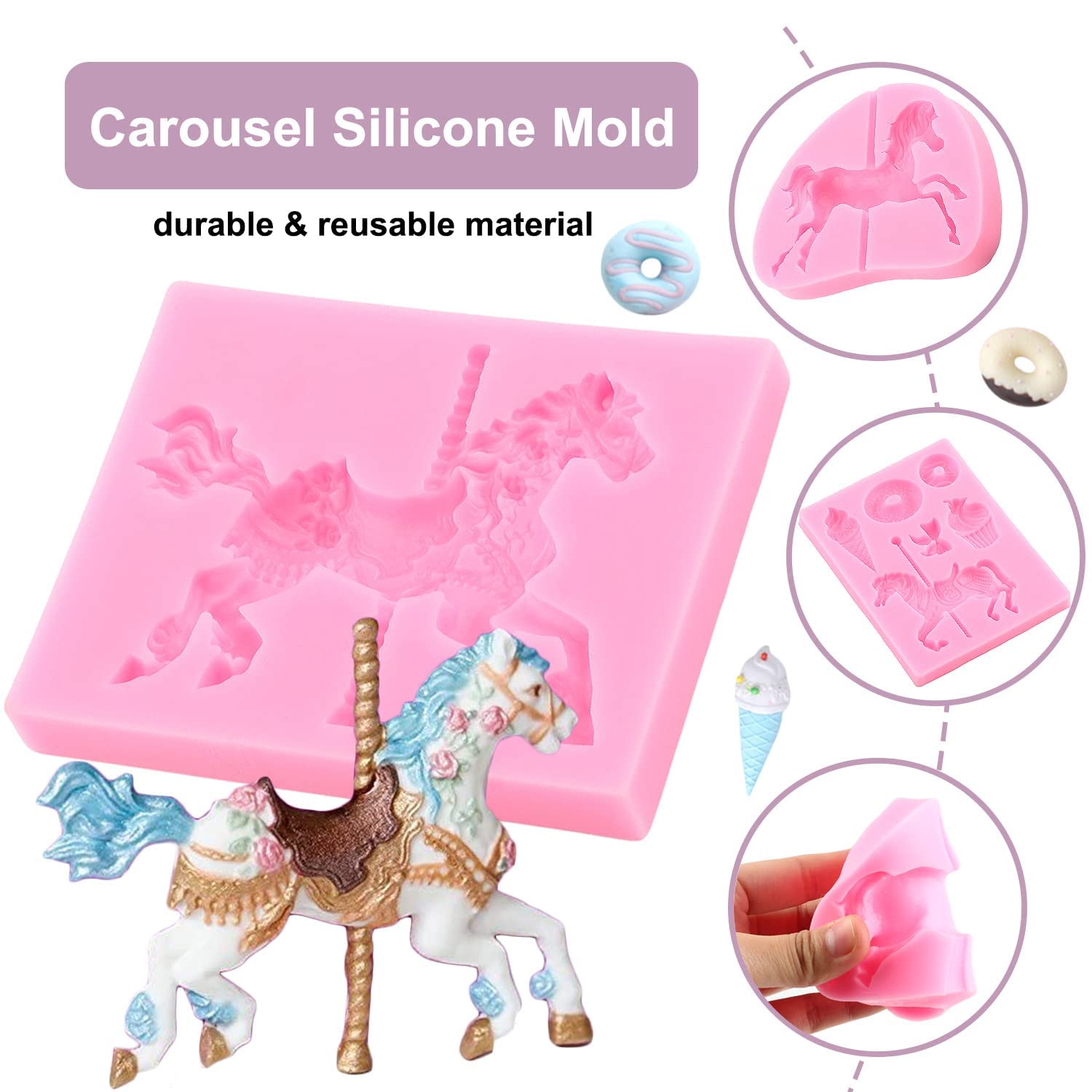 Zixiang Carousel Horse Silicone Fondant Molds Merry-Go-Round Chocolate Gum Paste Mold Molds For Baby Shower Candy Cupcake Topper