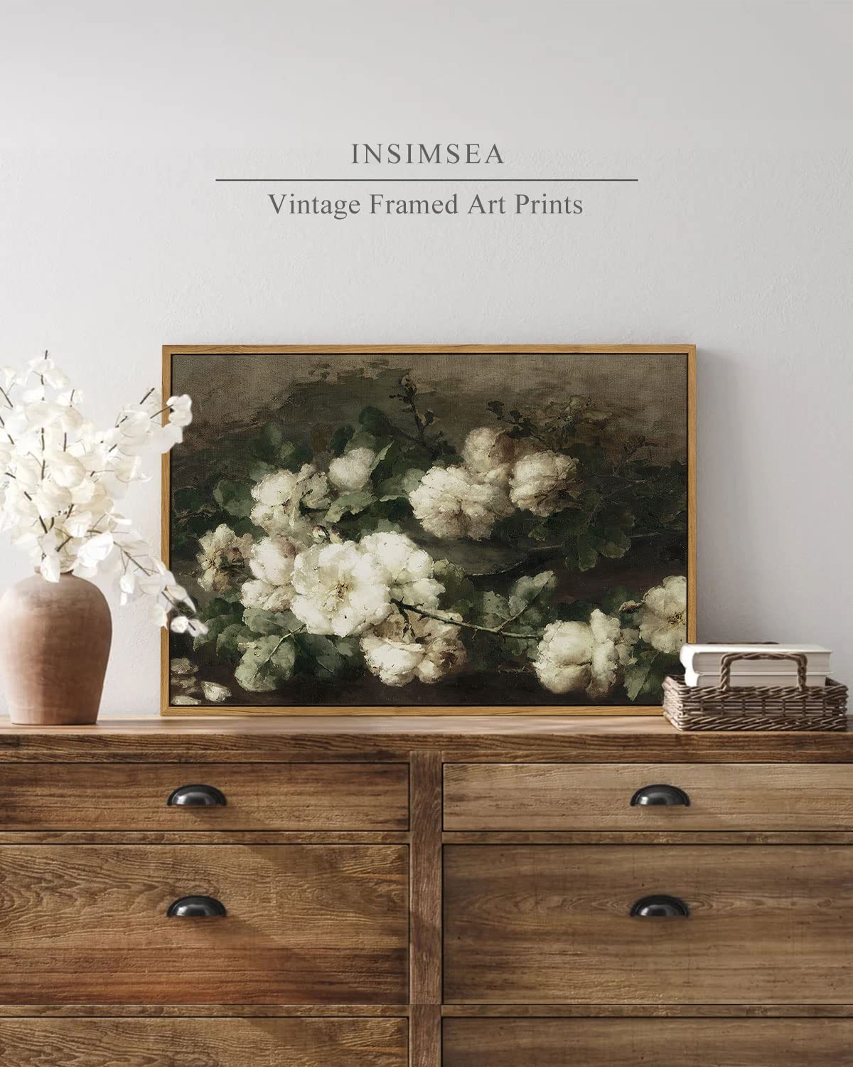 InSimSea Framed Canvas Wall Art Room Decor  White Roses Still Life Paintings Canvas Print  Mid Century Modern Decor Home Decorations for Living Room  Bathroom Farmhouse Kitchen Decor 16x24in
