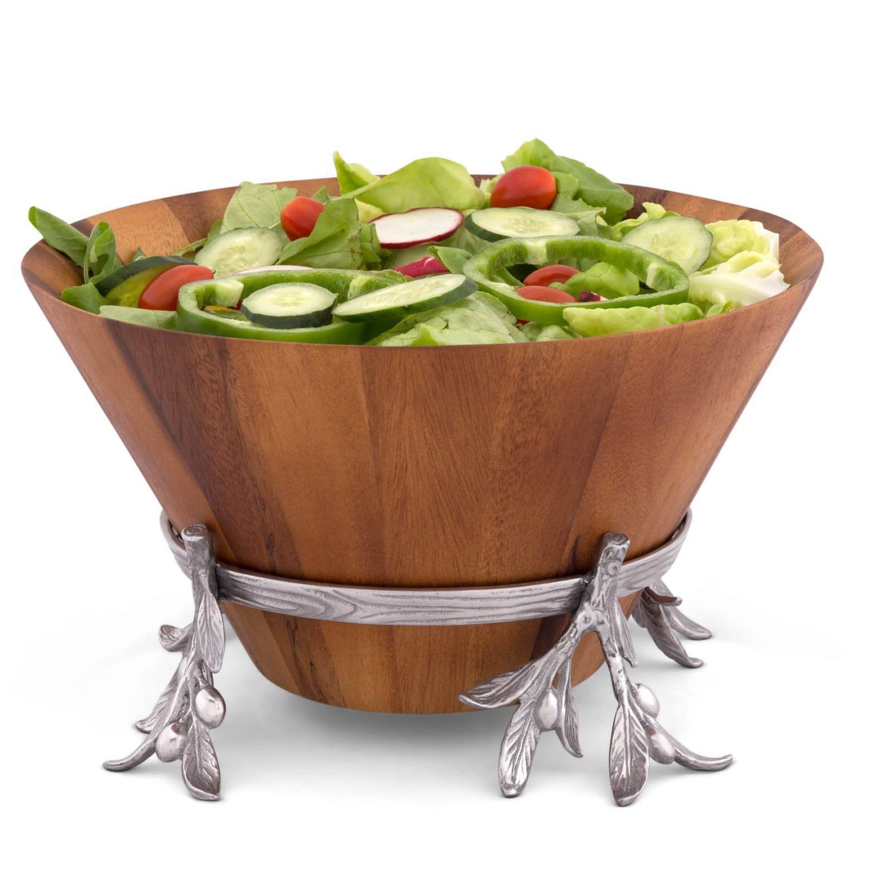 Arthur Court Acacia Wood Salad Bowl In Metal Stand, Sand-Cast Aluminum Stand In Olive Pattern 8 Inch Tall 12 Inch Dia