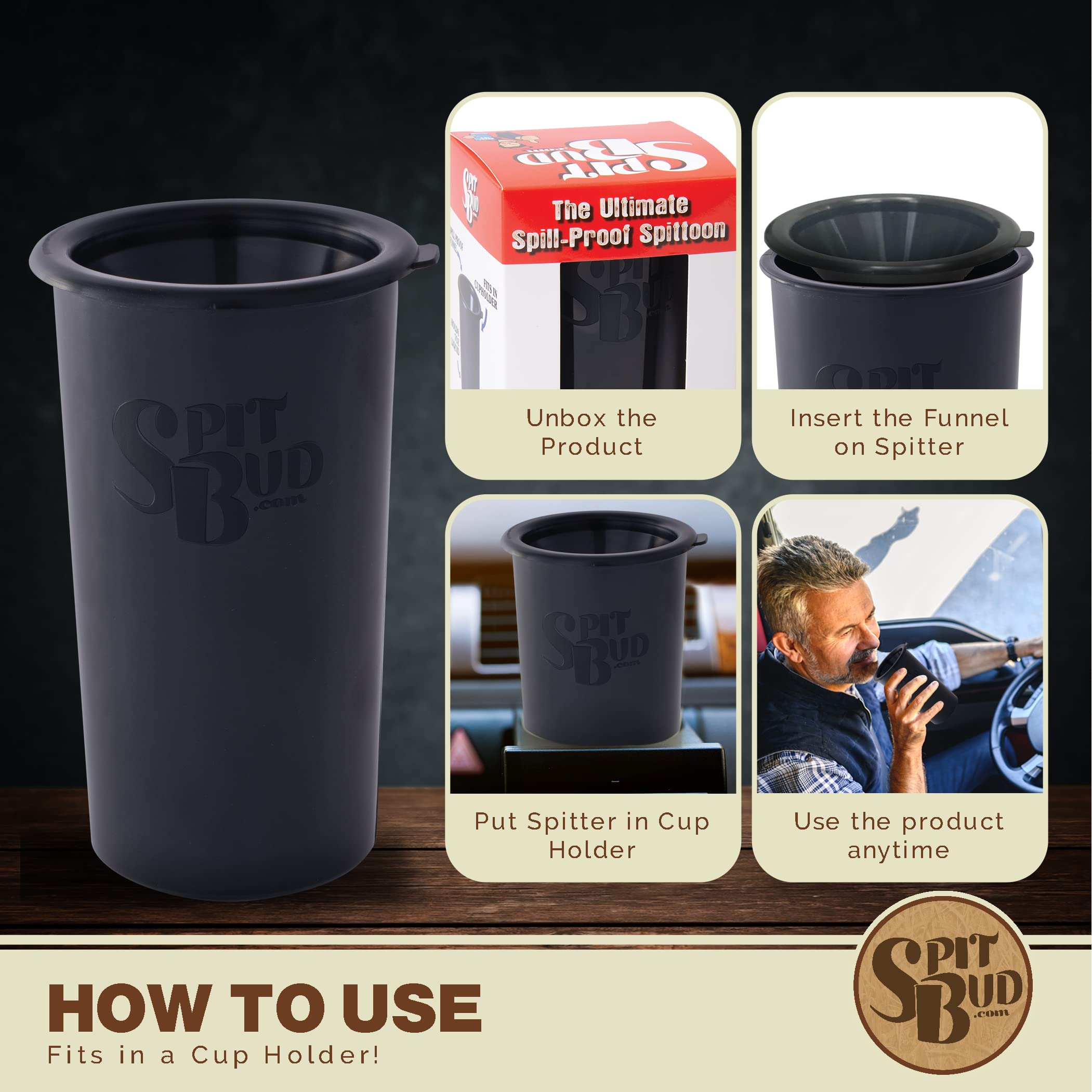 Spit Bud Original Black The Ultimate Spittoon For Chew - Portable Dip & Snuff Cup With Lid, Pop Tab, Spill-Proof Funnel - Fit In