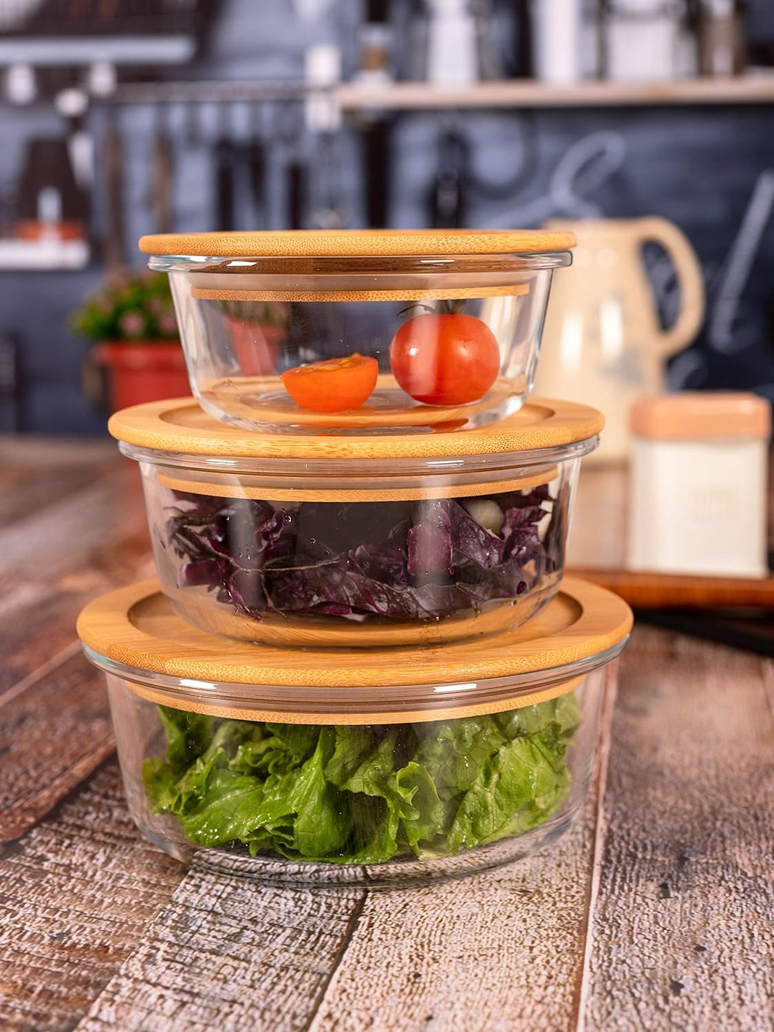Convertkitchen Round Glass Food Storage Containers With Air Tight Wooden Lid Set Of 3360Ml, 560Ml, 860Ml