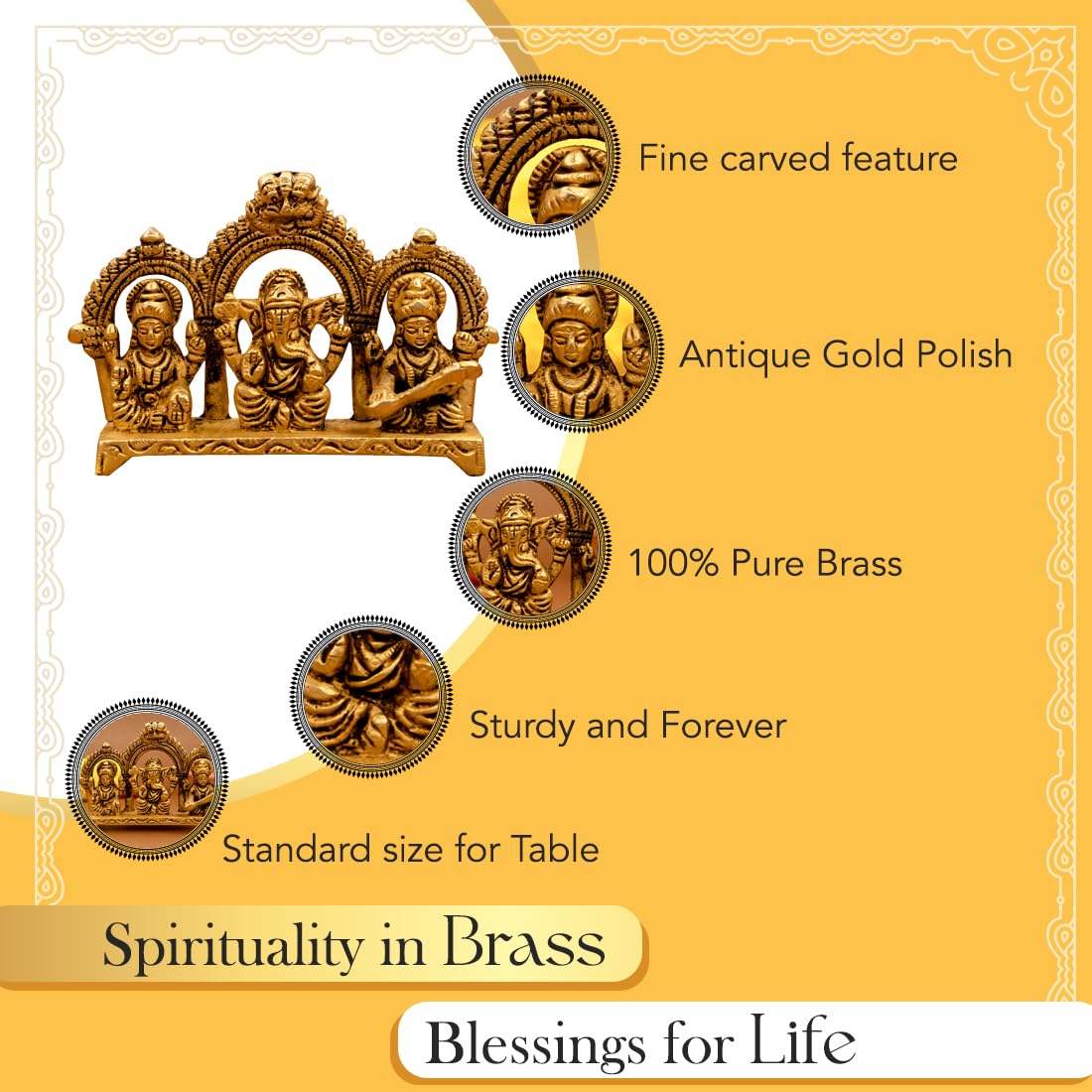 Ekhasa 100% Pure Brass Laxmi Ganesh Saraswati Murti (Size: 8.0 cm) | Lord Ganpati Lakshmi Saraswati Maa Idol for Diwali Puja | G