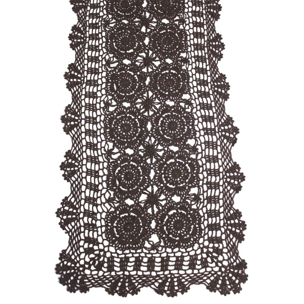 Kepswet Cotton Handmade Crochet Lace Table Runner Dark Brown Rectangle Coffee Table Dresser Decor (14X60 Inch)