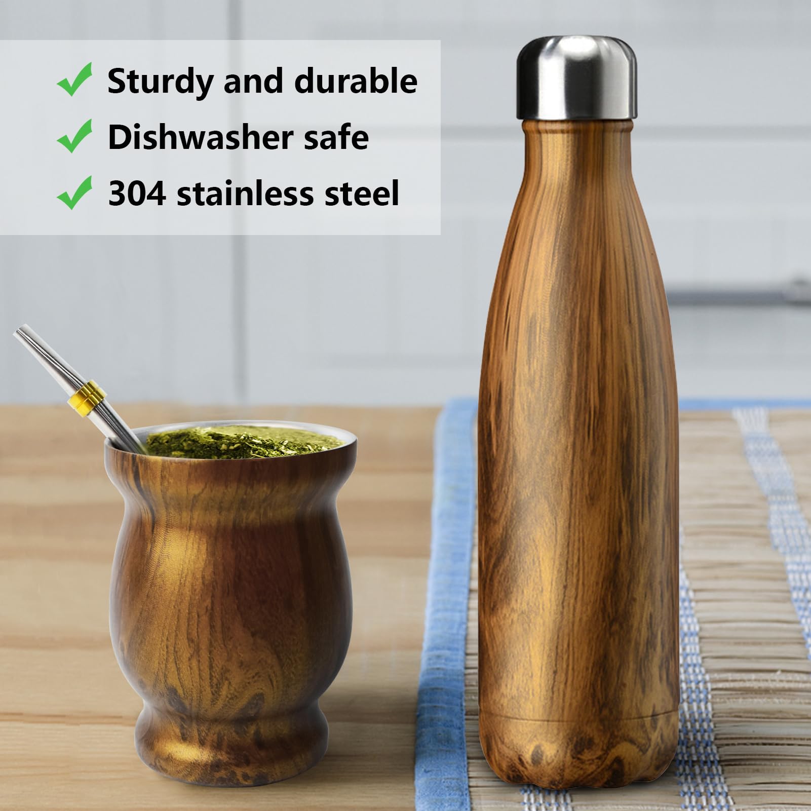 Artcome 5Pc Stainless Steel Yerba Mate Cup Set - 1 8.5Oz Stainless Steel Double-Wall Mate Cup, 1 17Oz Thermos, 2 Bombillas (Yerb