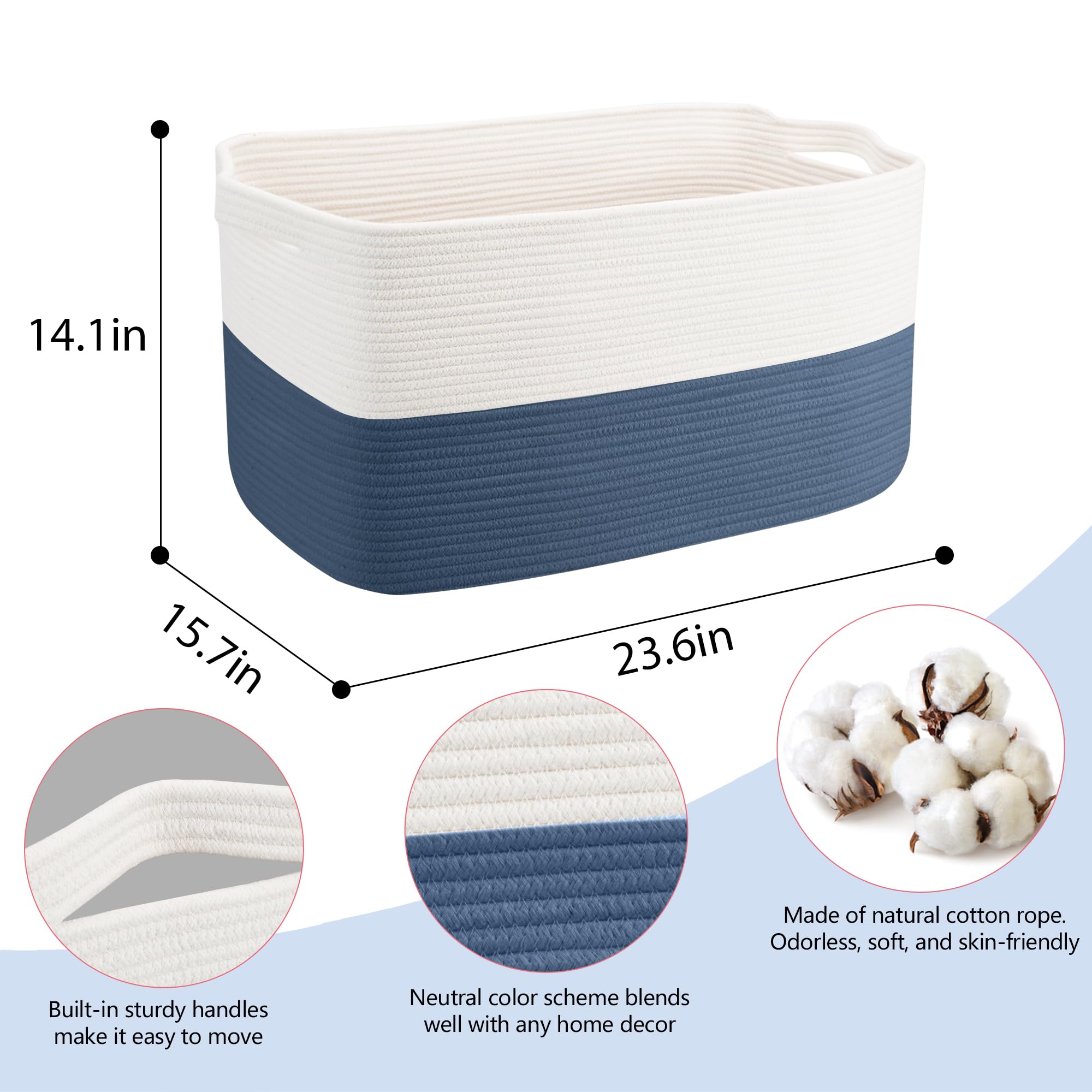 Megasket Extra Large Rectangle Rope Basket, 23.6'' X 15.7'' X 14.1'' Kids Room Toy Stuffed Animals Basket Box Organization, Towe