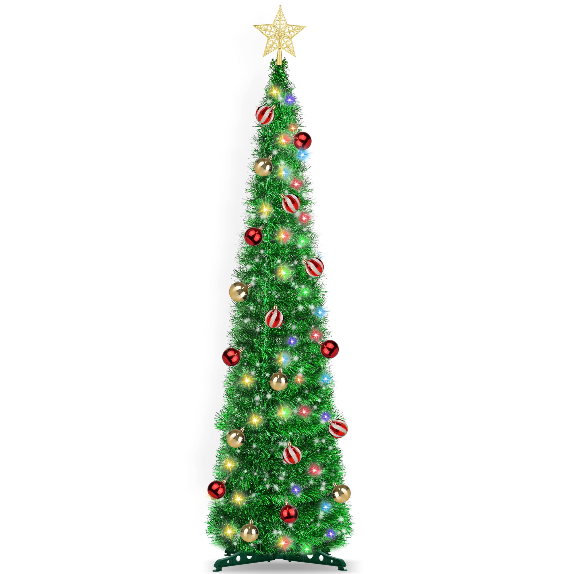 5FT Pop Up Christmas Tree with Timer 60 Warm White & Multi Color Fairy Light 3D Star 25 Ball Ornament, Green Tinsel Christmas Tr