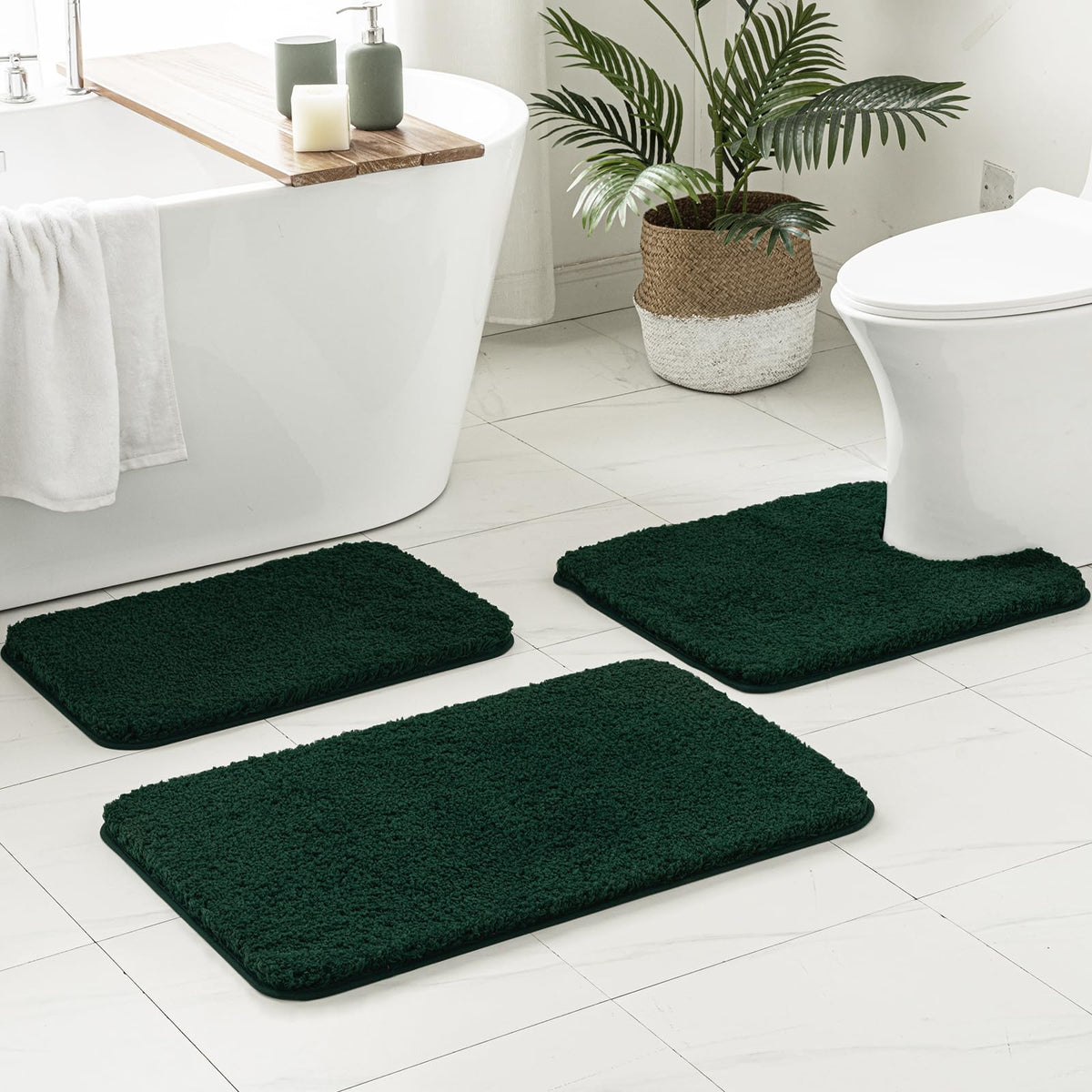 Miulee Christmas Dark Green 3 Pieces Bathroom Rugs And Mats Sets Extra Thick Non Slip Microfiber Bath Mats And U-Shaped Contour
