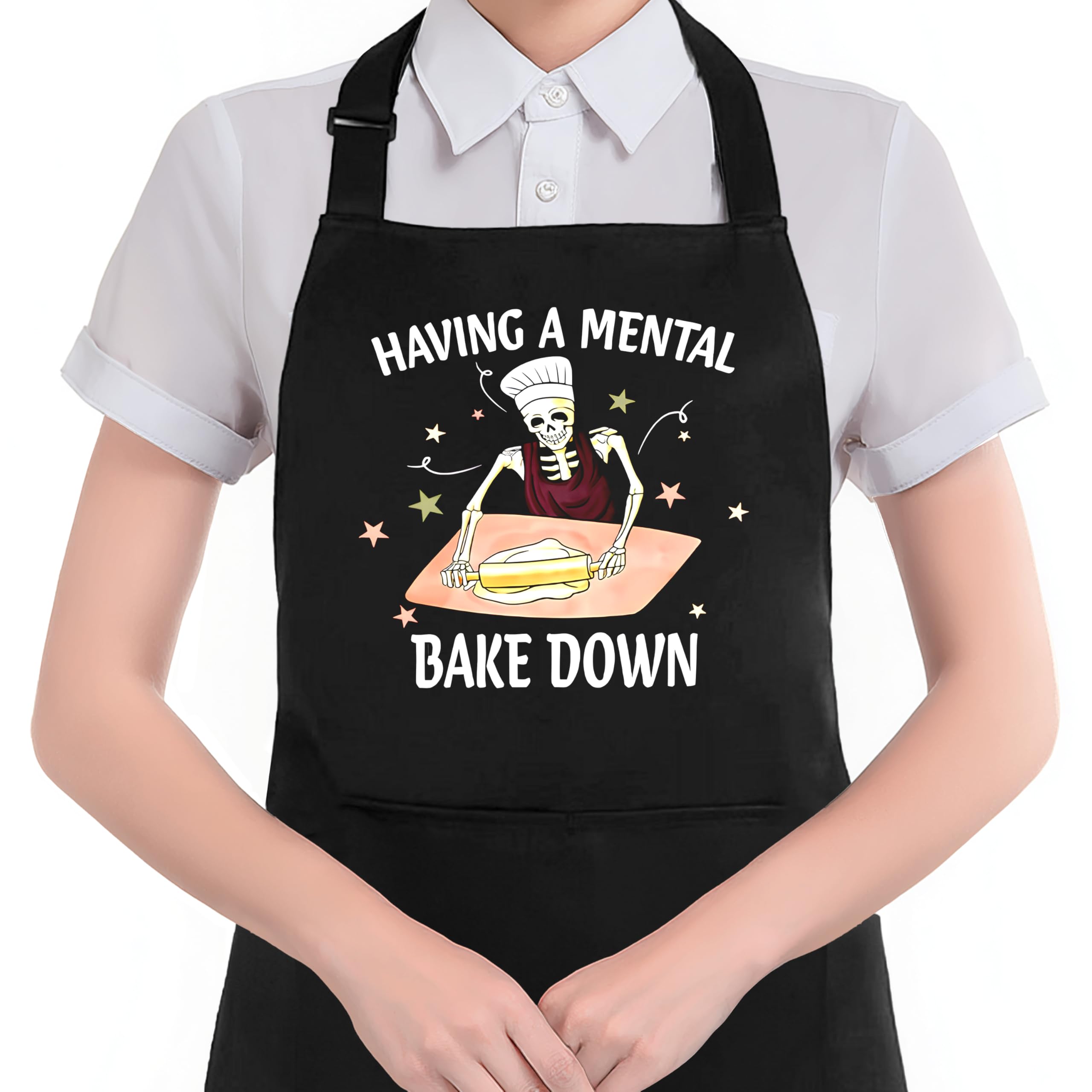 Hugane Gothic Skull Baking Apron With Pockets, Baker Gifts For Women, Having A Mental Bake Down Skeleton Waterproof Adjustable C