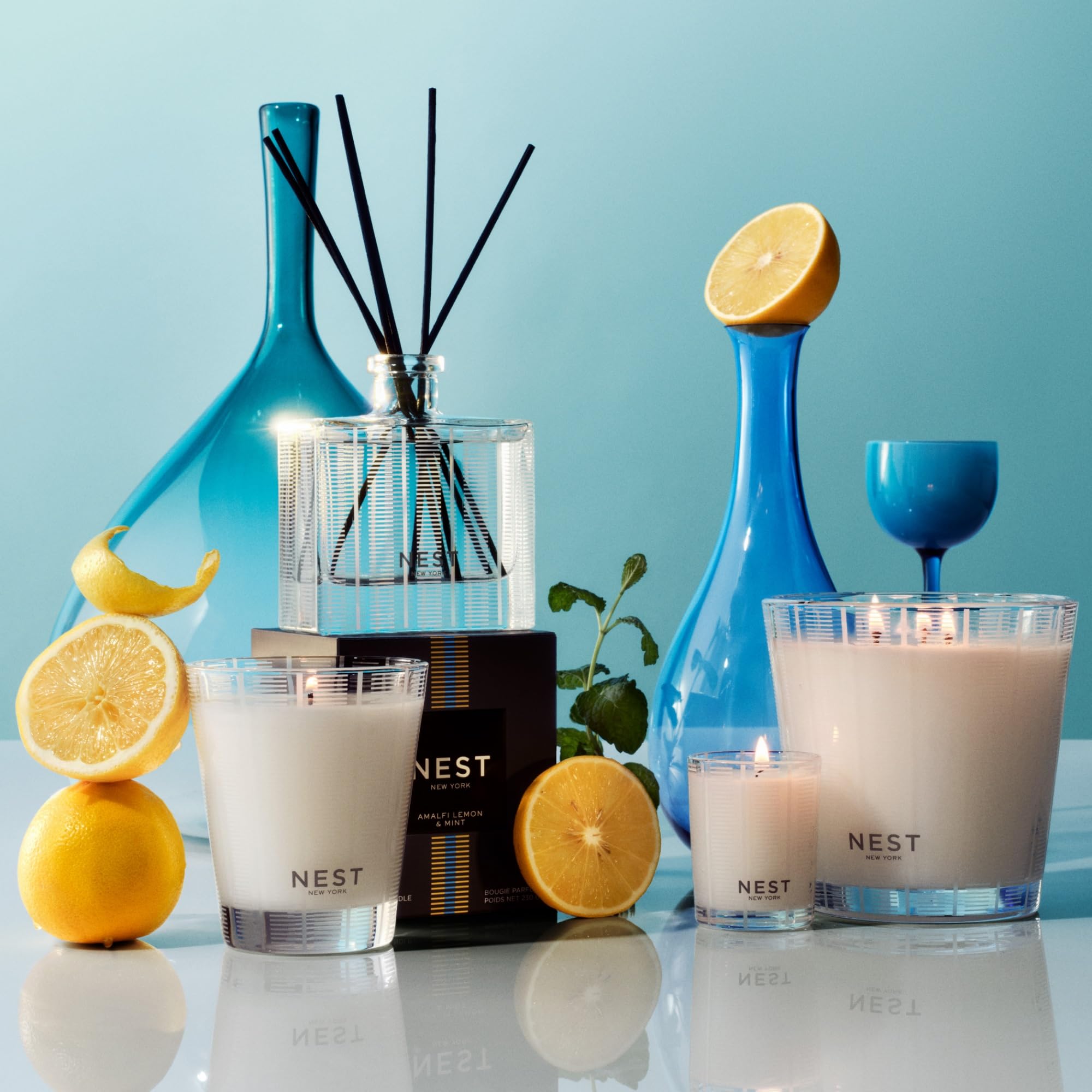 NEST New York Scented Candle, Amalfi Lemon & Mint, 8.1 oz, White, Up to 60-Hour Burn Time, Reusable Glass Vessel, Model NEST01