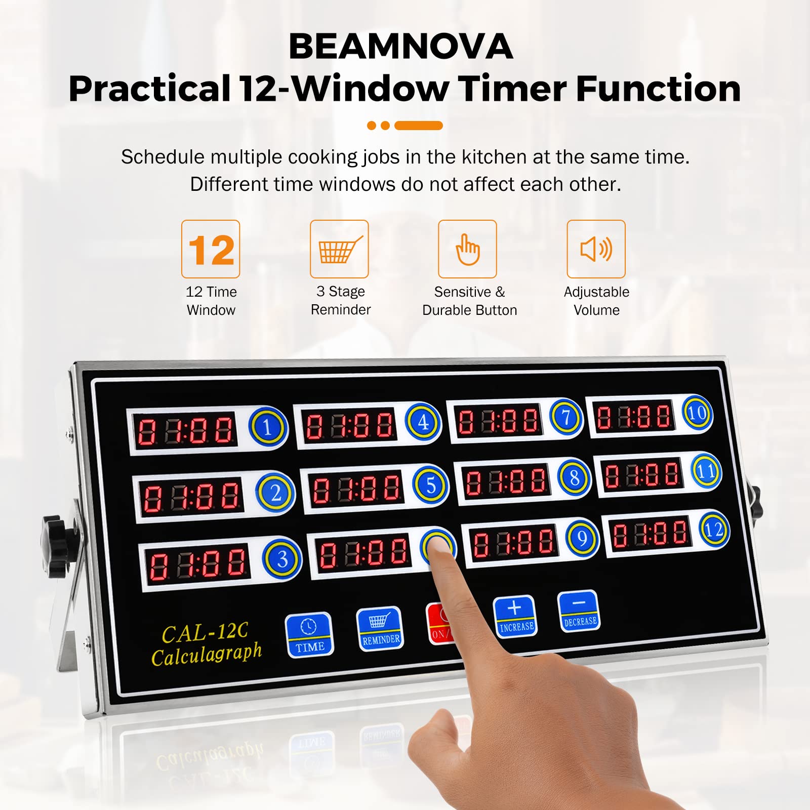 Beamnova 12 Channels Digital Kitchen Timer For Cooking Loud Alarm Stainless Steel Clock Hours And Minutes Seconds Volume Control