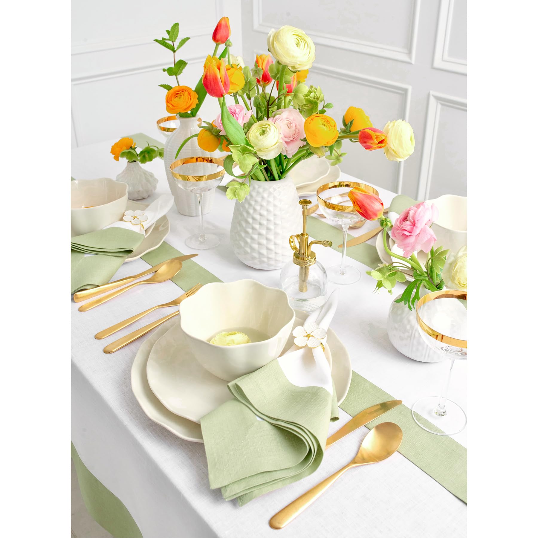 Solino Home Linen Placemats Set Of 4-100% Pure Linen Cloth Fabric Placemats Sage Green And White - 19'' L X 14'' W Inch Washable