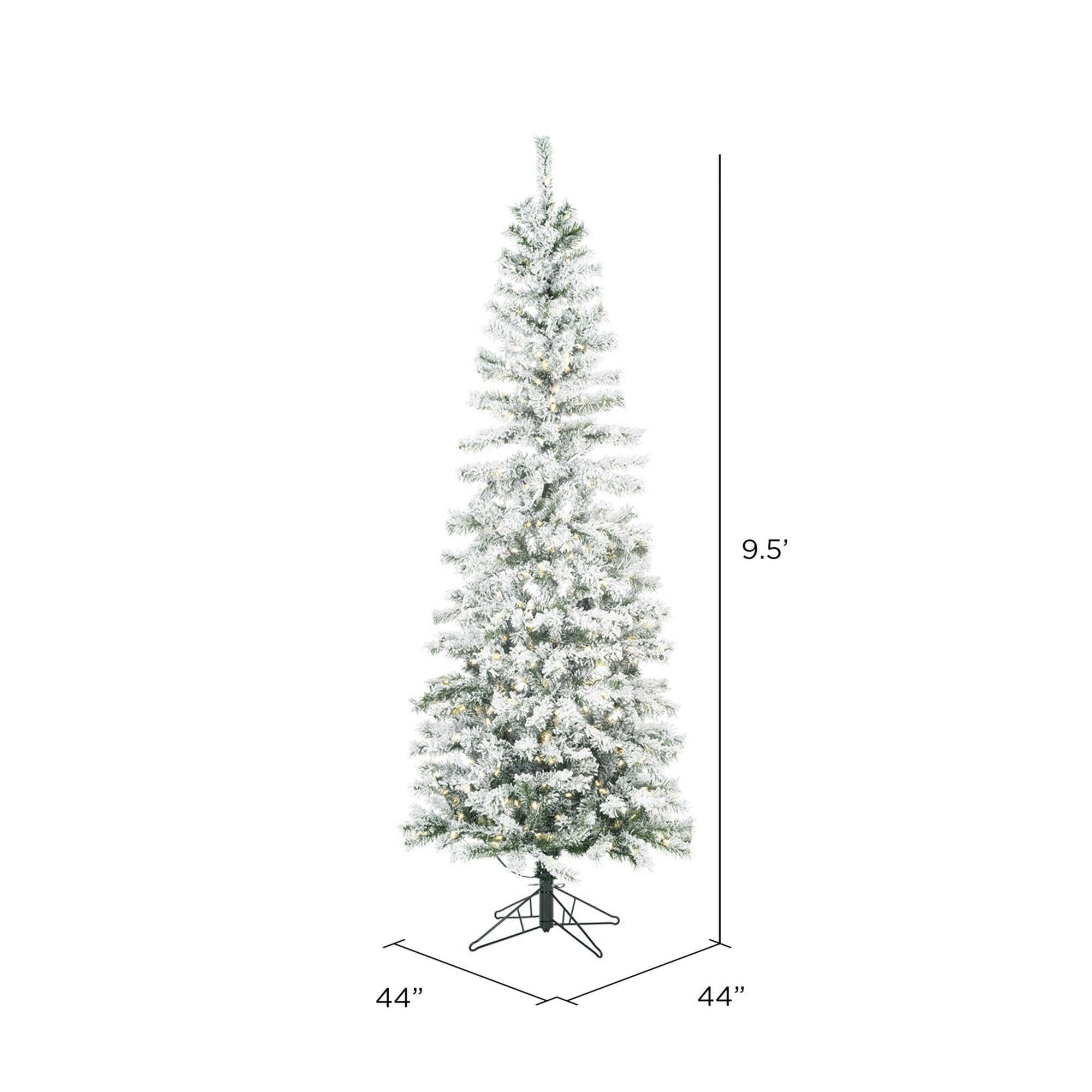 Vickerman 9.5' Flocked Pacific Pencil Artificial Christmas Tree, Warm White LED Lights - Lifelike Indoor Seasonal Home Decor - M