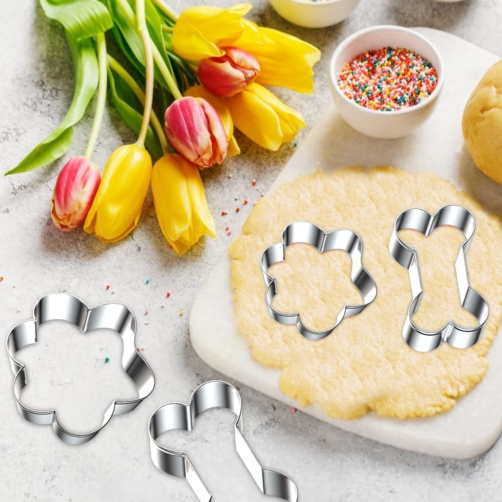 6 Pcs Bone And Dog Footprints Cookie Cutters Set, Metal 3 Sizes Dog Bone Footprints Shape Cookie Cutters, Dog Theme Party Cookie